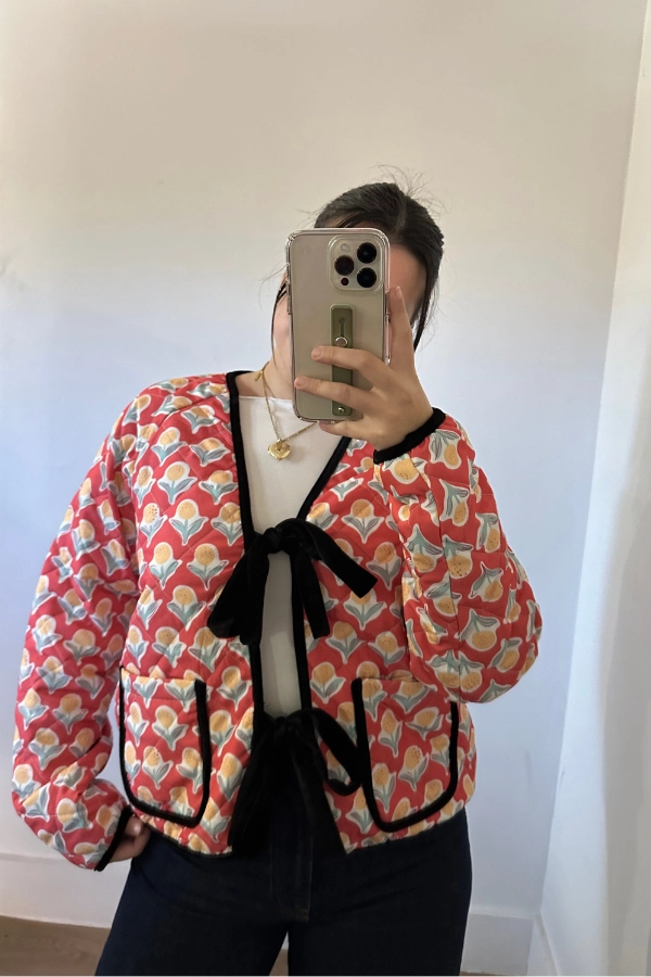 Lightweight Material ContrastTipping Floral Ribbon Tied Quilted Jacket