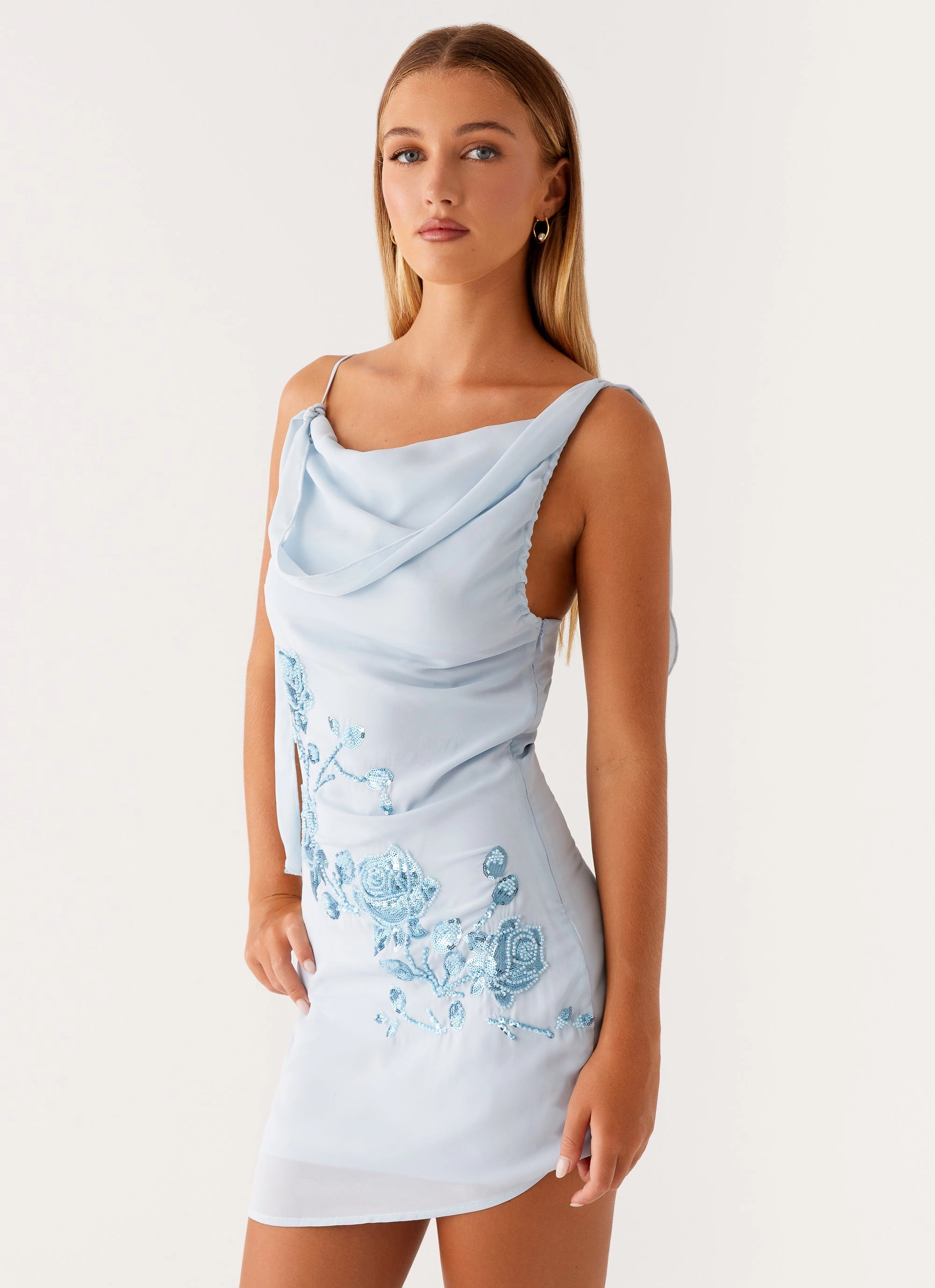 Fashion Daily Lily Beaded Mini Dress - Pastel Blue