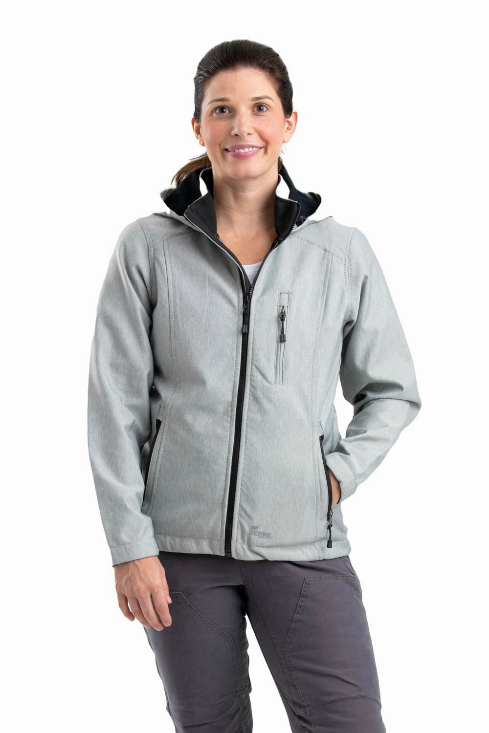 Berne Grey Polyester Ladies Eiger Hooded Softshell Adjustable Drawstring Waist