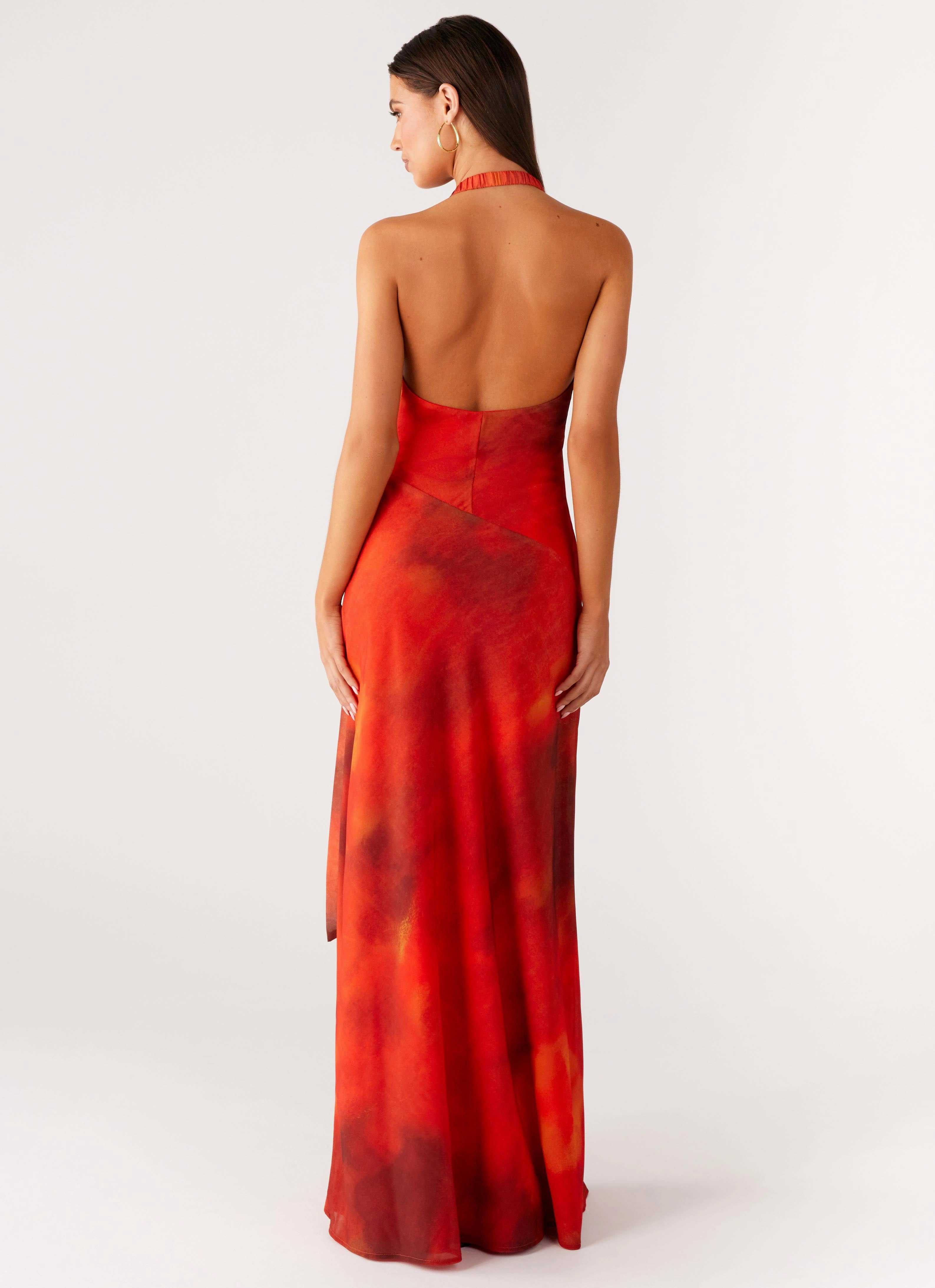 So Chic Maxi Dress - Scarlet Blur Faux Fur Collar Vegan Fabric