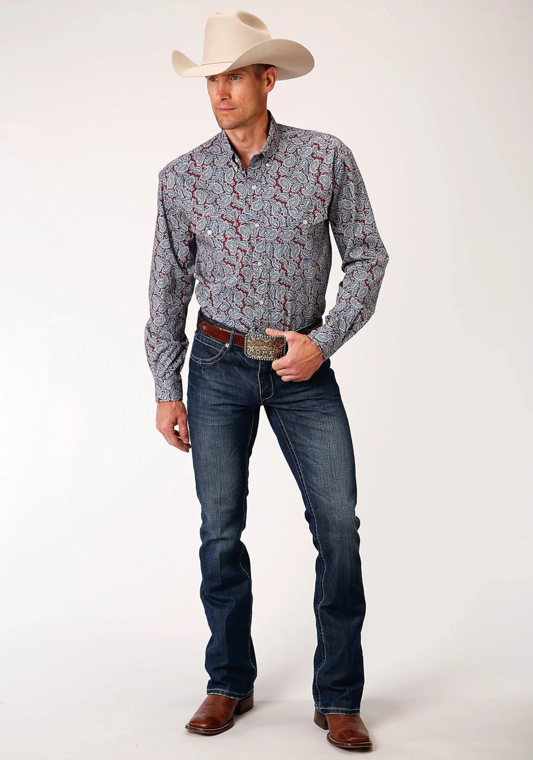 Roper Mens Wine 100% Cotton Liberty Paisley BD L/S Btn Shirt Student Essential Glossy Texture