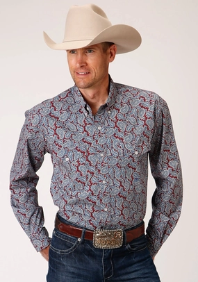 Smooth Texture Summer Camp Roper Mens Wine 100% Cotton Liberty Paisley BD L/S Btn Shirt