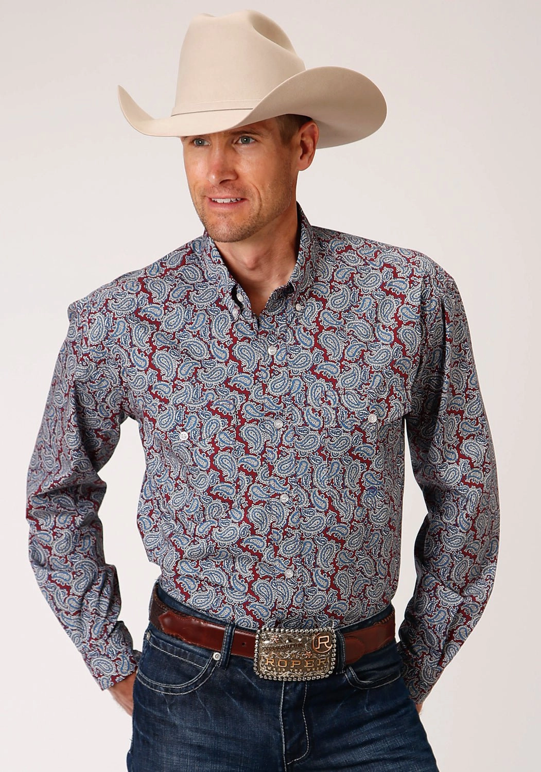 Smooth Texture Summer Camp Roper Mens Wine 100% Cotton Liberty Paisley BD L/S Btn Shirt