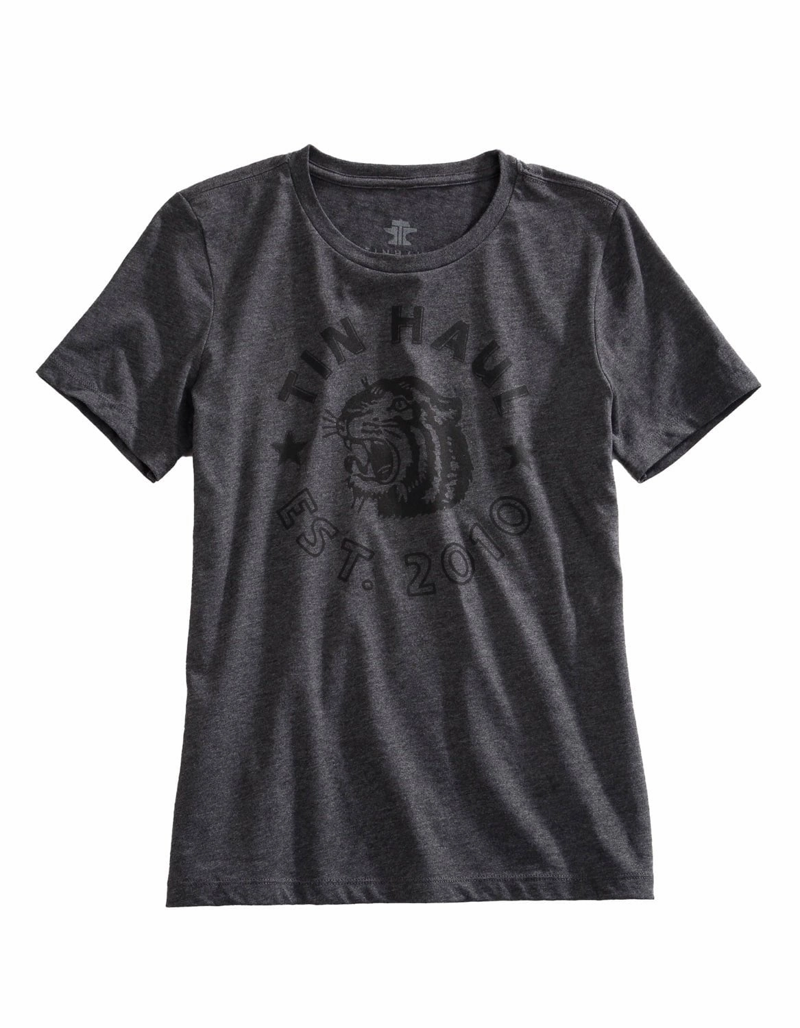 Tin Haul Womens Tiger Head Grey Cotton Blend S/S T-Shirt Metallic Finish