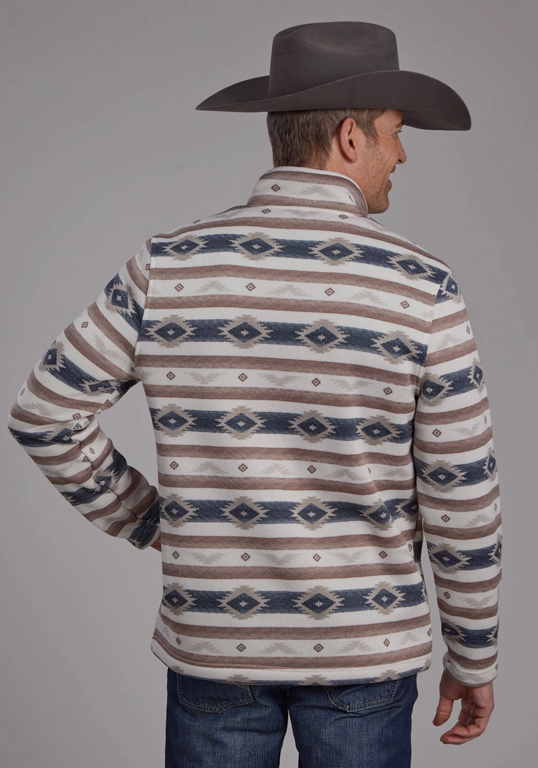 Roper Mens Horizontal Aztec Stripe Brown 100% Polyester 1/4 Zip Sweater Summer Fashion Checkered Look