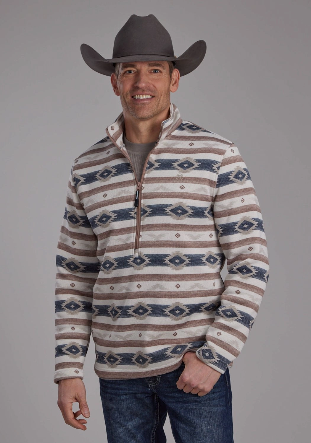 Adjustable Hem Polished Finish Roper Mens Horizontal Aztec Stripe Brown 100% Polyester 1/4 Zip Sweater