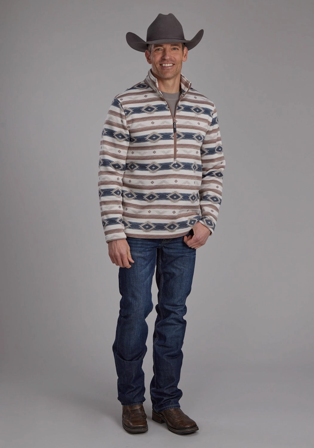 Roper Mens Horizontal Aztec Stripe Brown 100% Polyester 1/4 Zip Sweater Durable Fabric