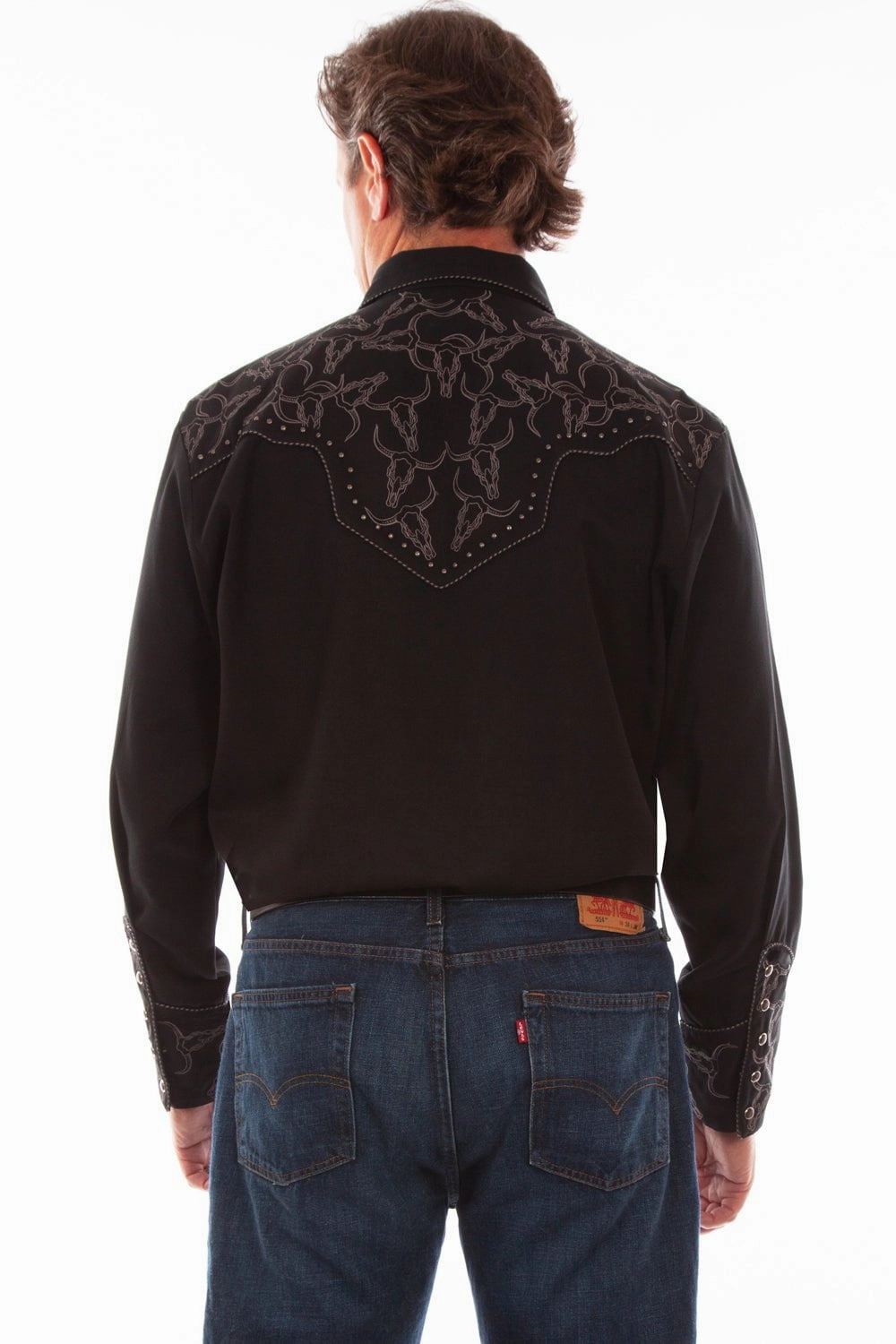 Scully Mens Black Polyester Longhorn Heads L/S Shirt Multi Layer Stitching Mature Elegance