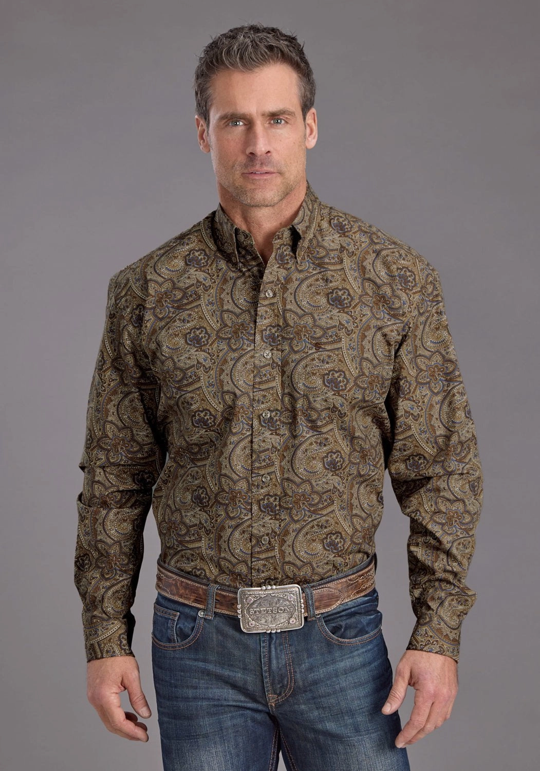 Stetson Mens San Antonio Paisley Brown 100% Cotton 1 Pkt L/S Shirt Comfort Fit Active Wear