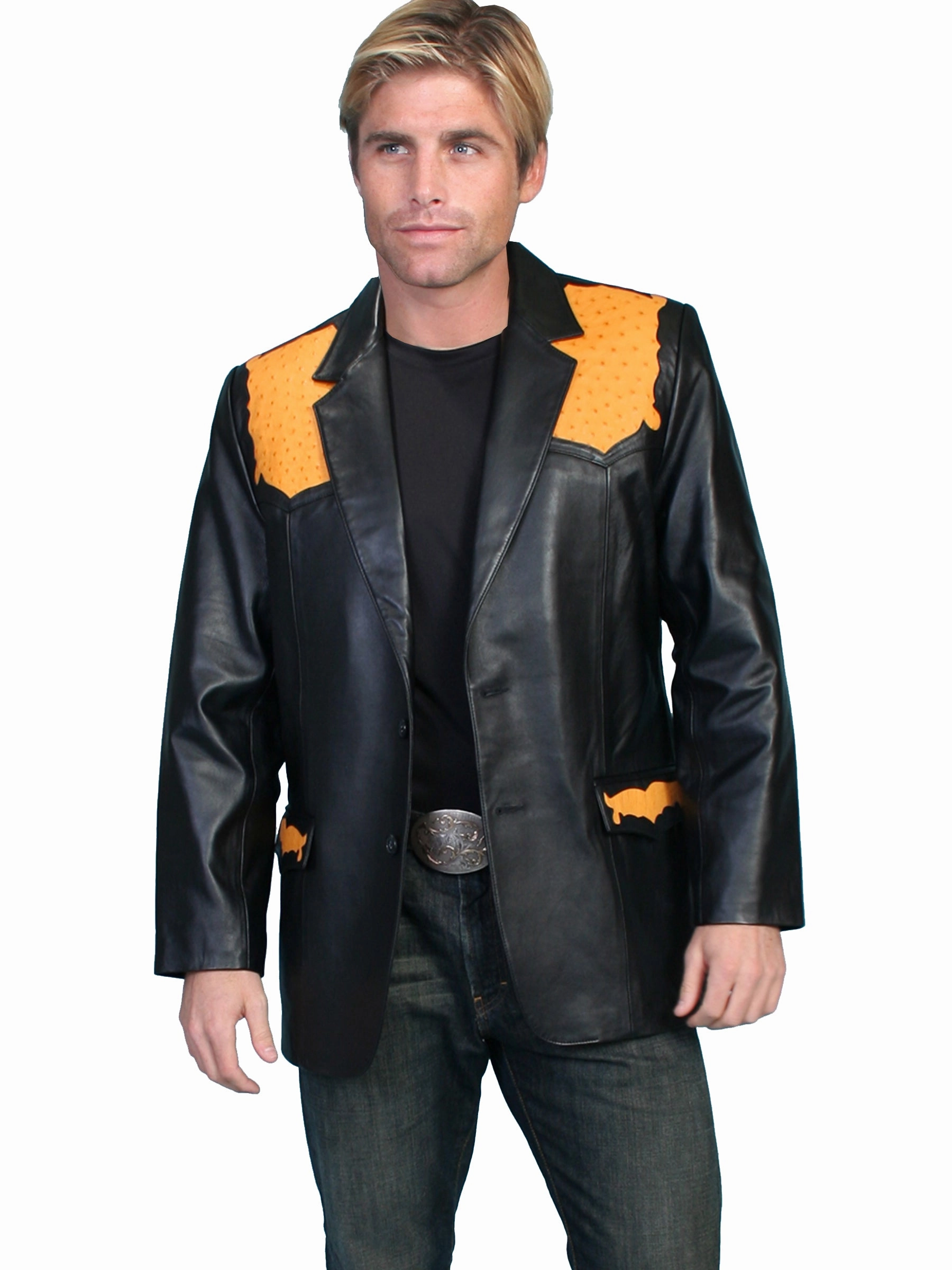 Faux Fur Collar Scully Leather Mens Black Lambskin Ostrich Trim Western Blazer