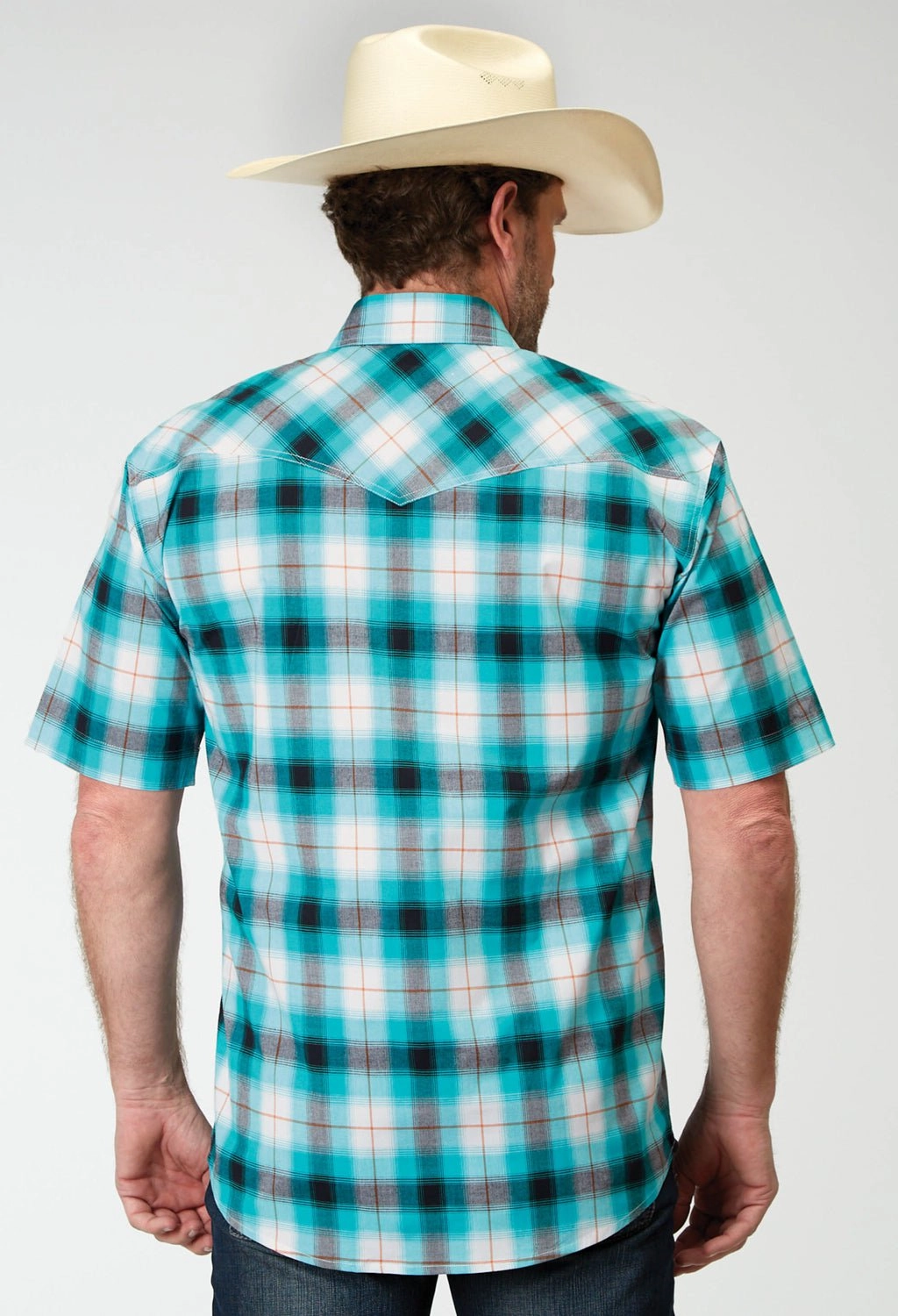 Urban Style Youthful Vibe Roper Mens 1945 Stretch Poplin Turquoise Cotton Blend Plaid S/S Shirt