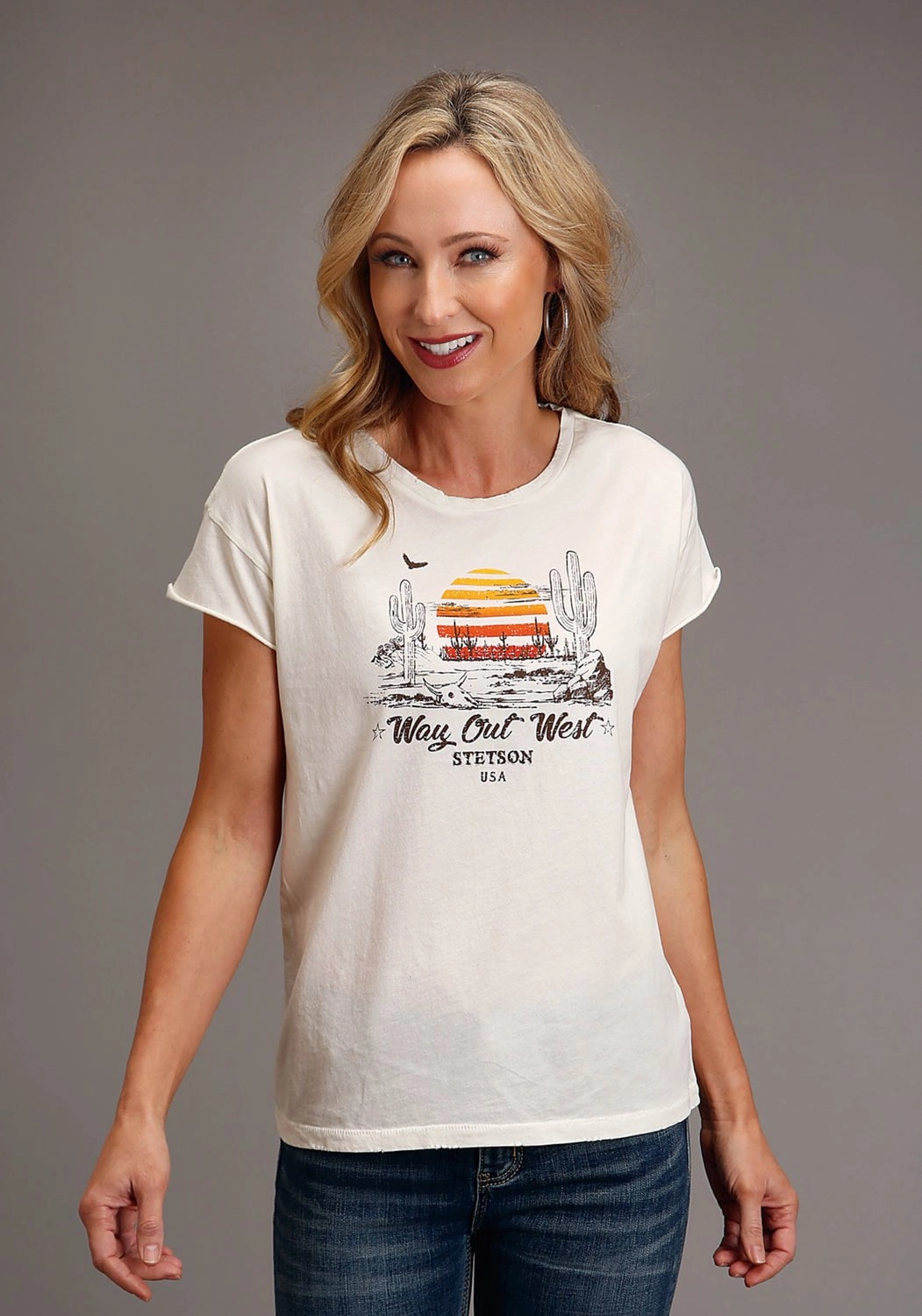 Stetson Womens Vtg White 100% Cotton Way Out West S/S Cactus T-Shirt Trendy designs