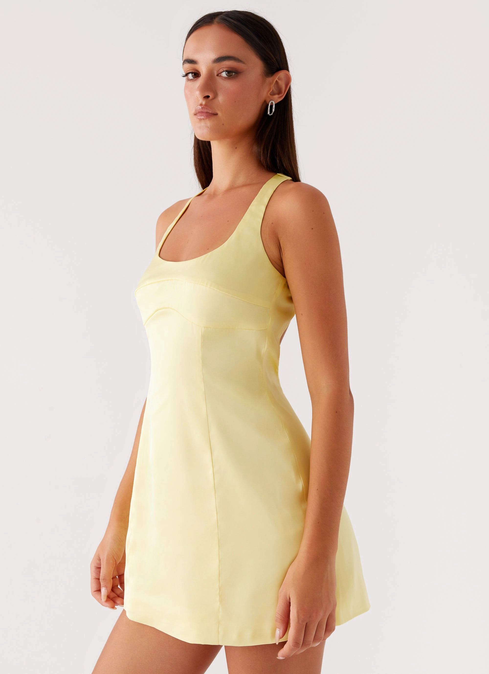 Lace-Sleeve Freefall Satin Mini Dress - Yellow
