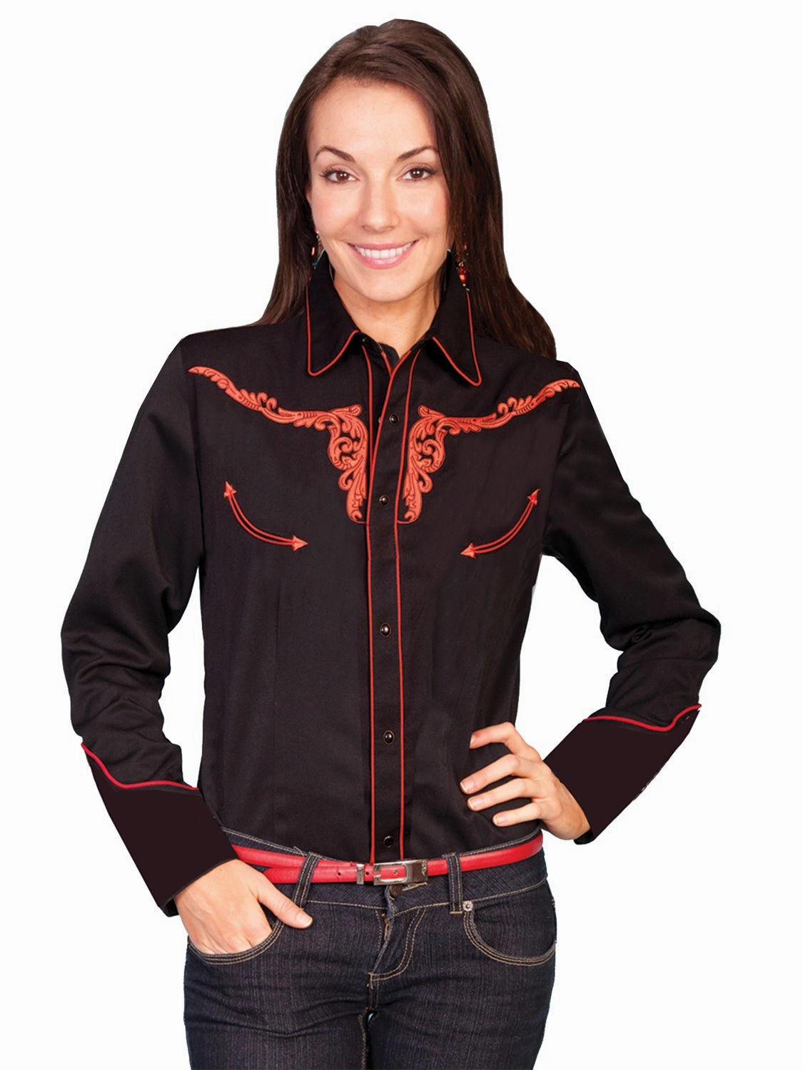 Streetwear Flexible Mobility Scully Western Womens Burnt Orange Polyester L/S Steer Western Shirt