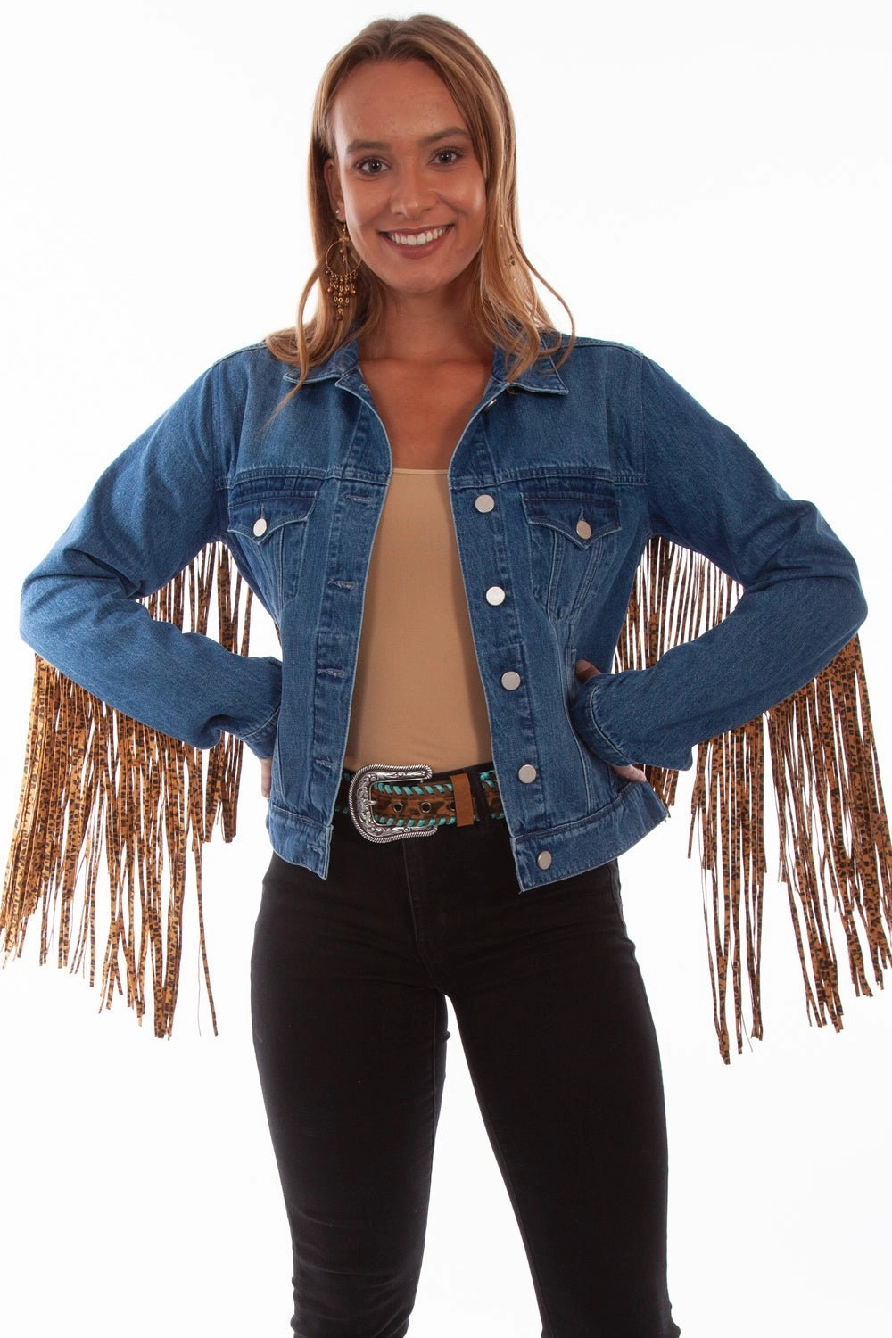 Layered Neckline Scully Womens Denim Cotton Blend Leopard Fringe Jacket
