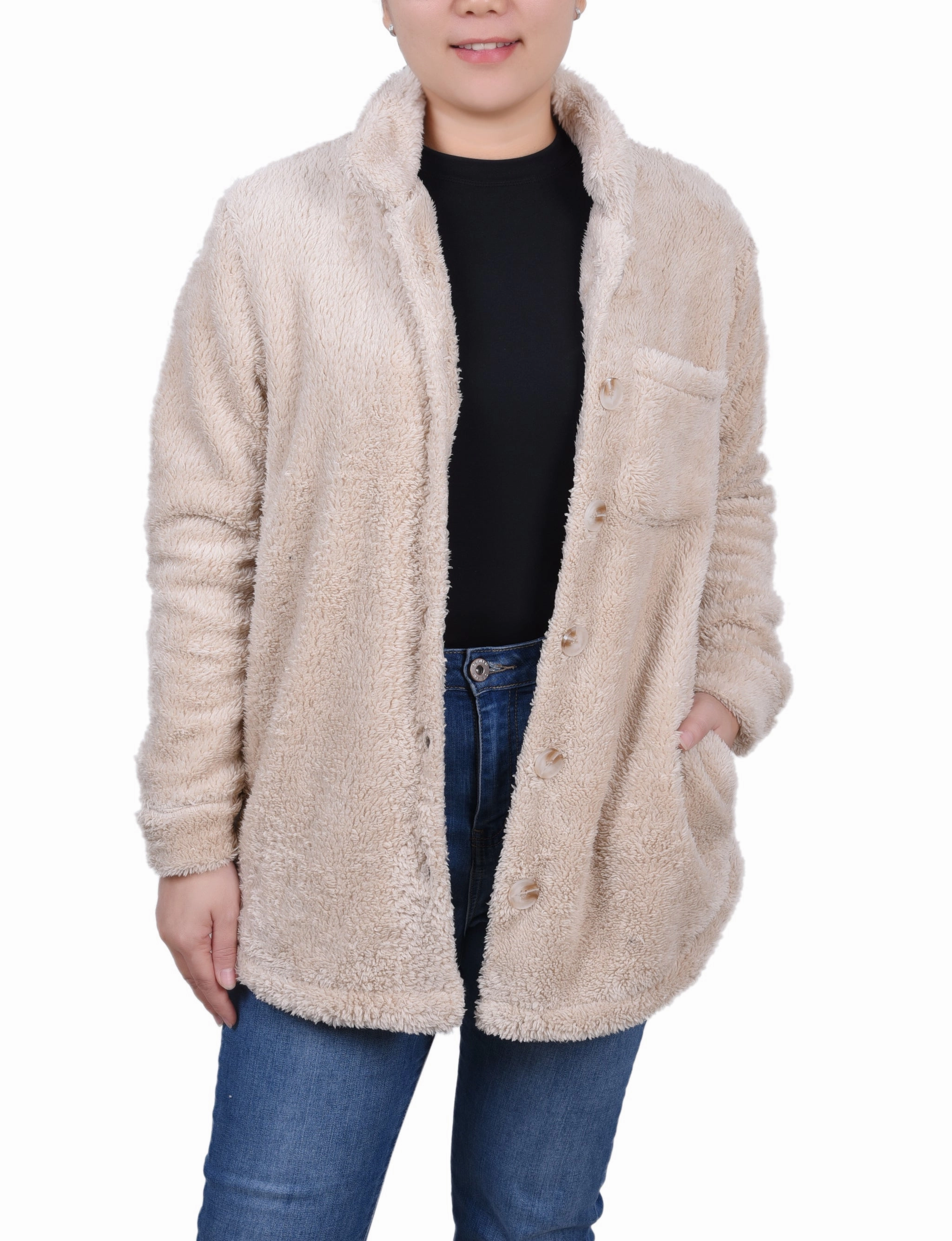 Long Sleeve Button Front Sherpa Jacket SnagResistant FrayResistant Fabric