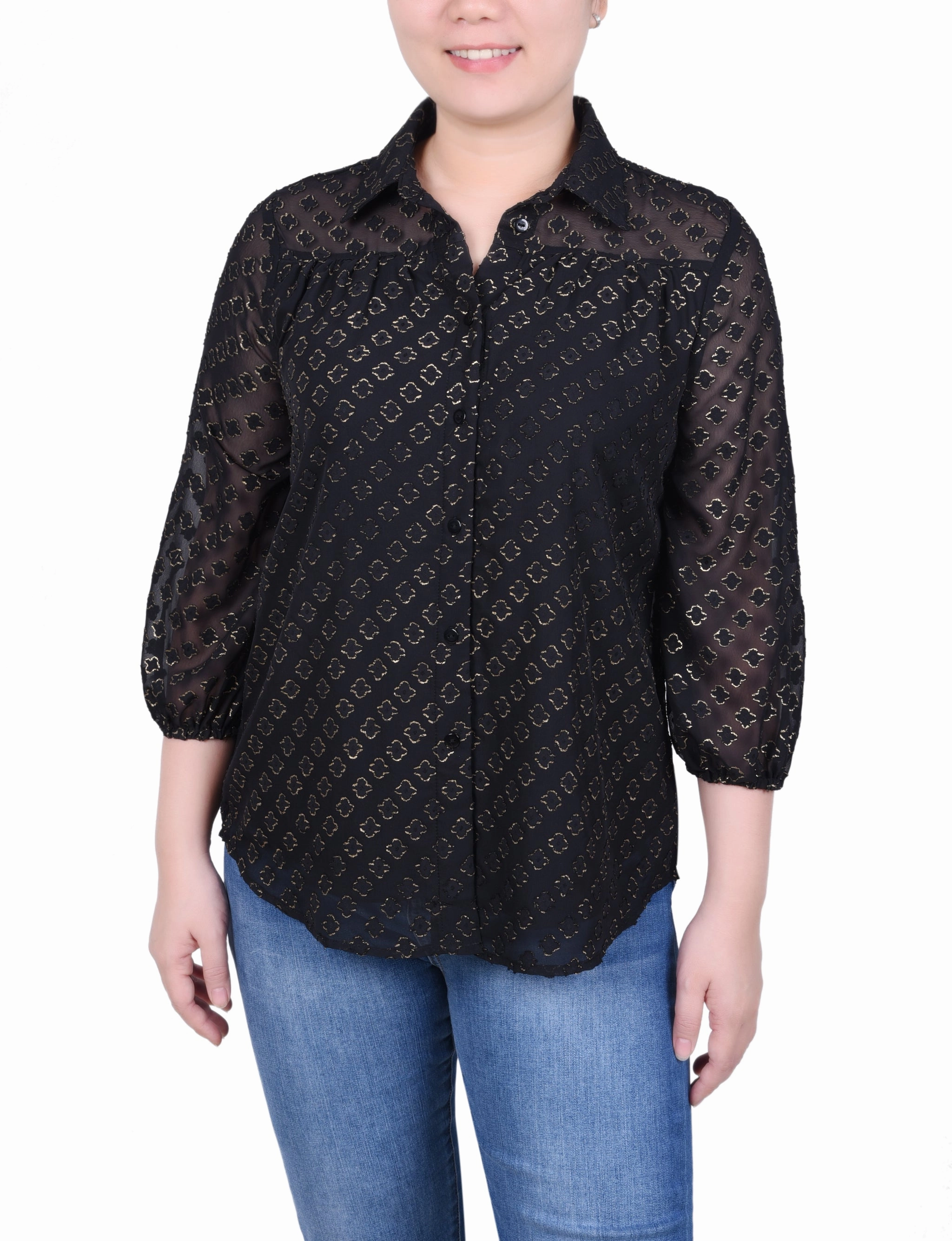 Active Tee 3/4 Sleeve Foiled Jacquard Chiffon Blouse