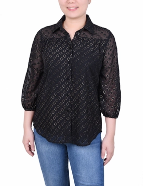 3/4 Sleeve Foiled Jacquard Chiffon Blouse All-Season Wear FlexibleCuff