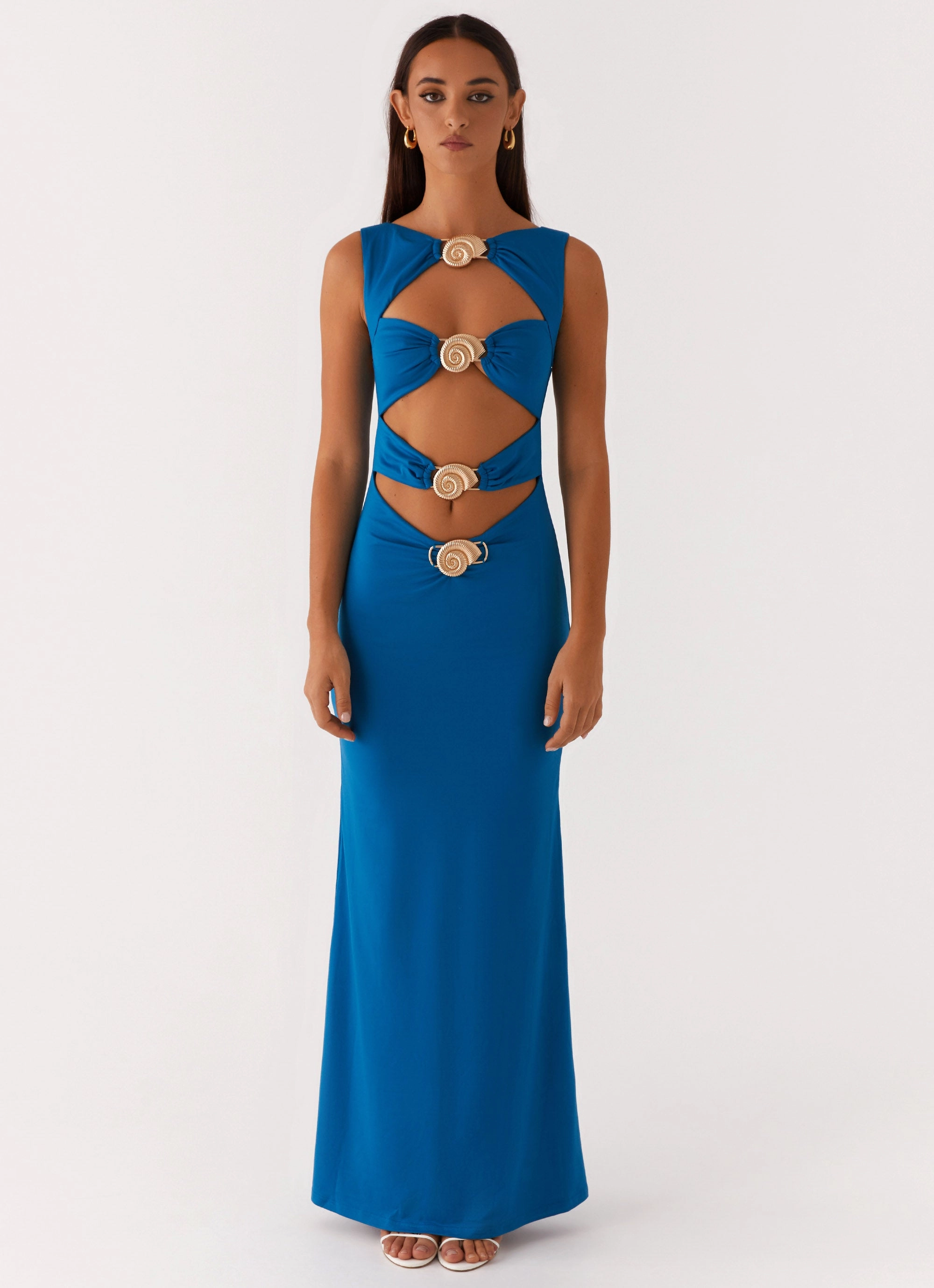 Mature Glam Edgy Layers Lagoon Cut Out Maxi Dress - Royal Blue