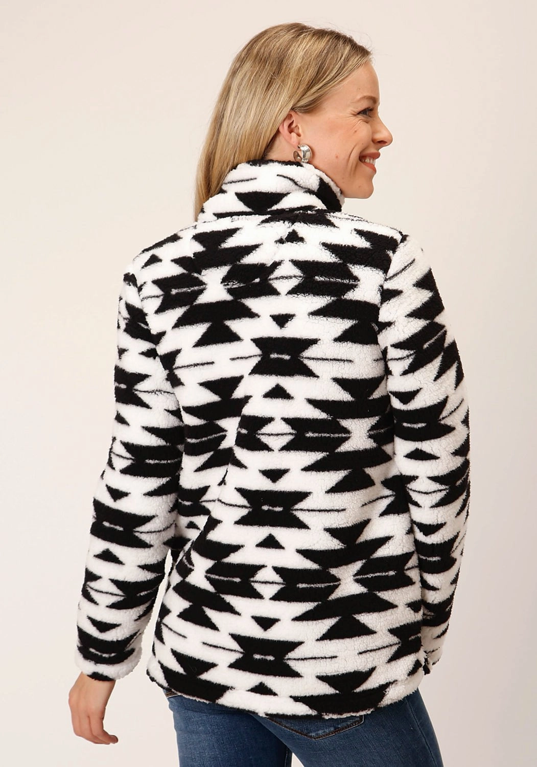Roper Womens Fuzzy Polar Black/White 100% Polyester Fleece Jacket Athletic Tailored Fit Lightweight Thermal Tech