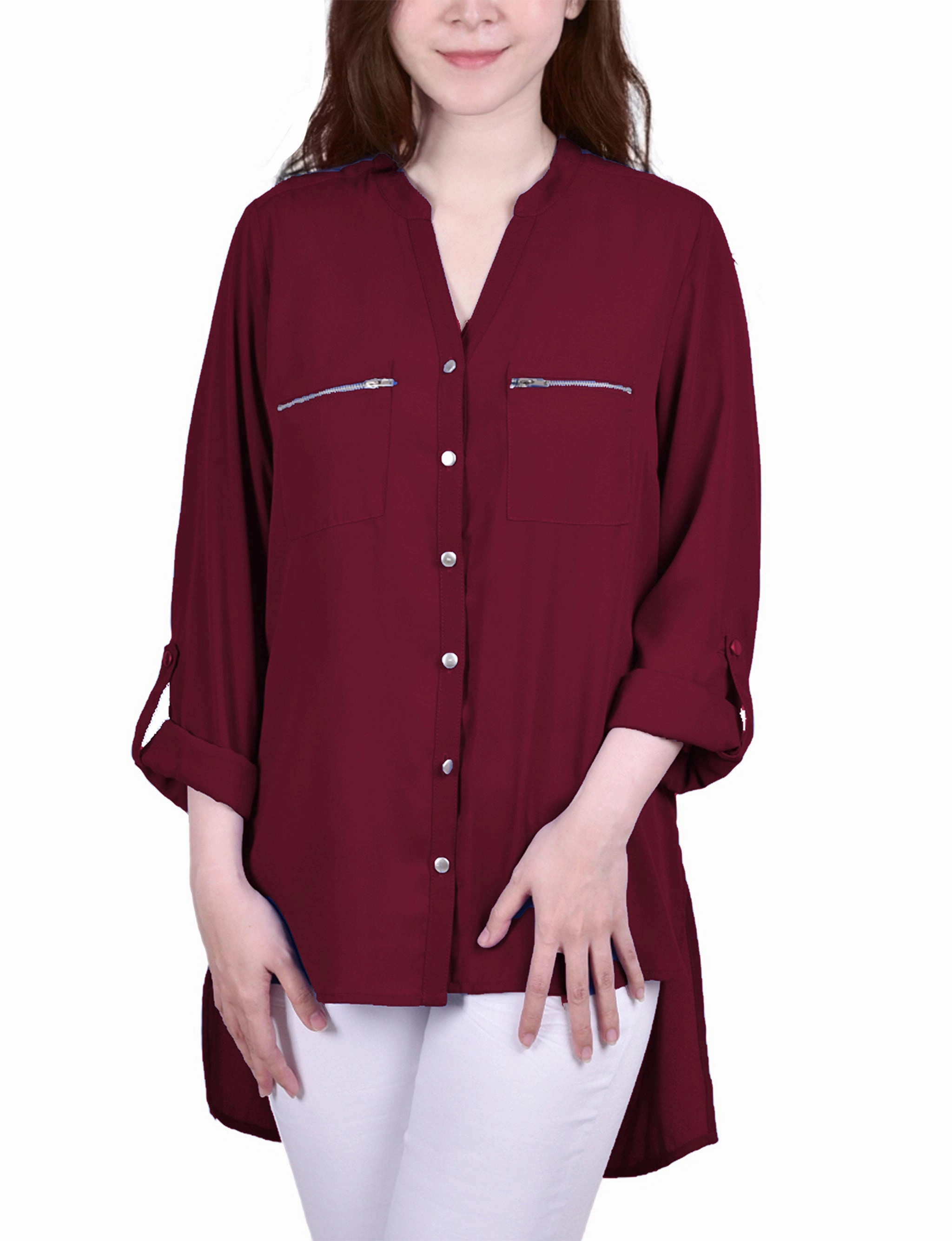 Roll Tab Sleeve Mandarin Collar Blouse With Zippered Pockets Double Stitched Hem