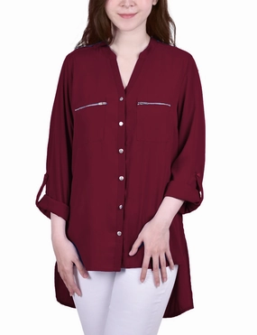 Flatlock Seam Cozy Layer Roll Tab Sleeve Mandarin Collar Blouse With Zippered Pockets