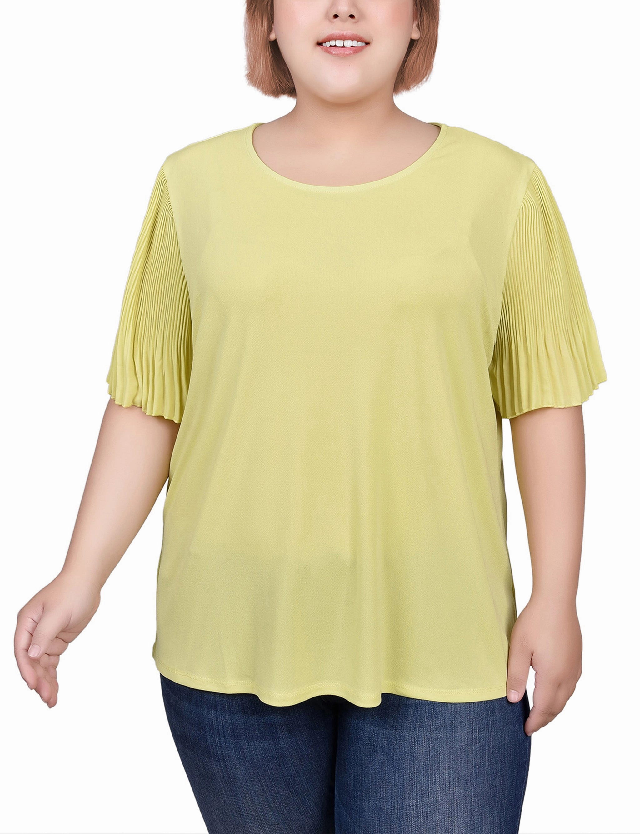 Plus Size Pleated-Sleeve Top Durable Reinforced Hem