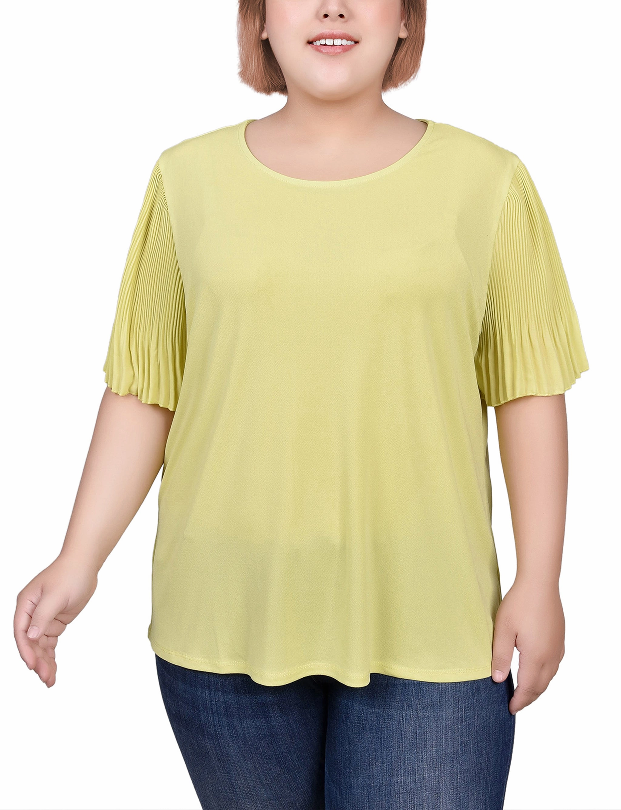 Plus Size Pleated-Sleeve Top StretchableKnit