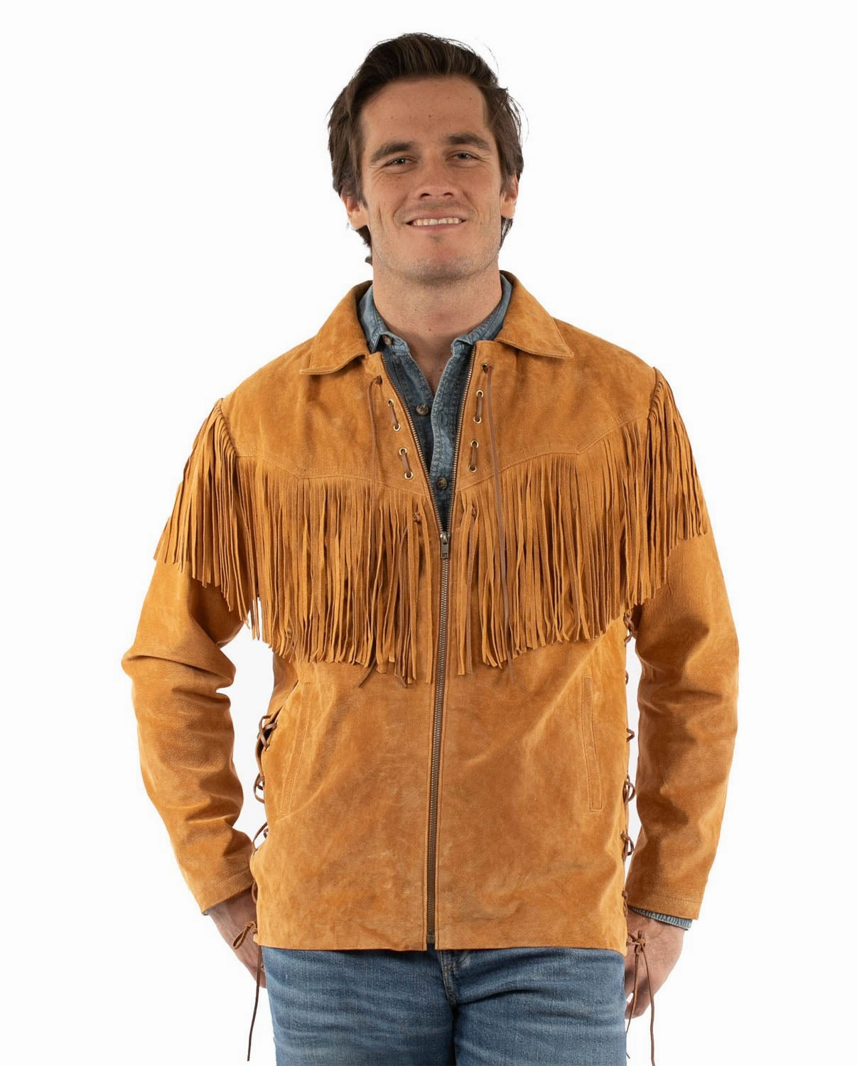 Scully Mens Rugged Fringe Bourbon Suede Leather Jacket Long Sleeve Modern Layers