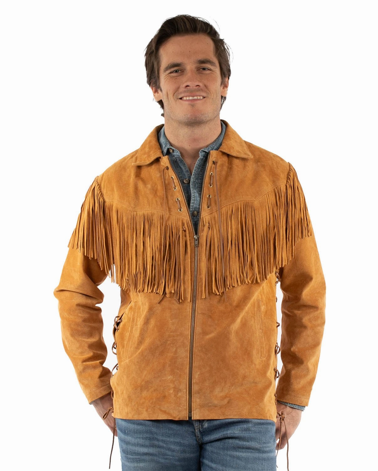 Scully Mens Rugged Fringe Bourbon Suede Leather Jacket Two Tone Design