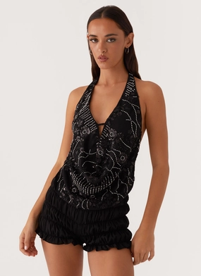 Gail Beaded Cowl Halterneck Top - Black QuickDryConstruction Minimalist Aesthetic