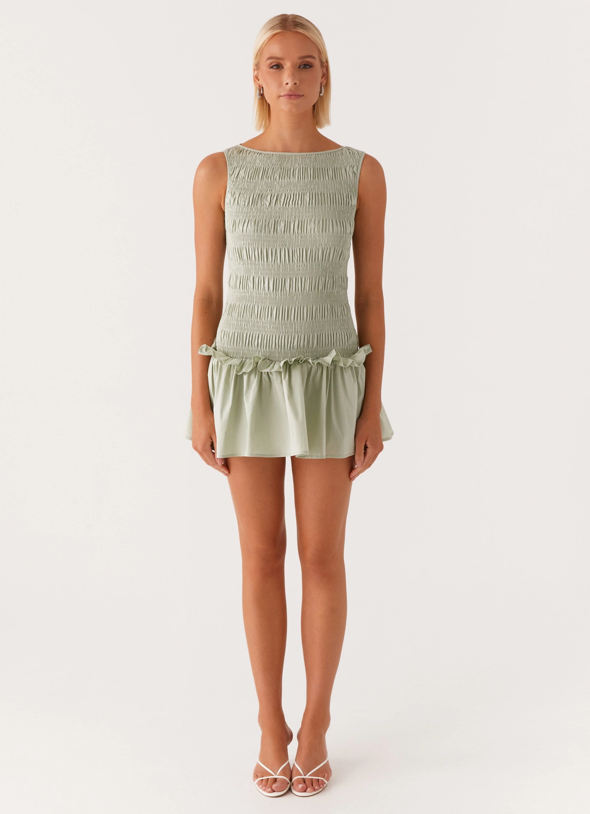 Easy Lovely Garden Kisses Shirred Mini Dress - Sage