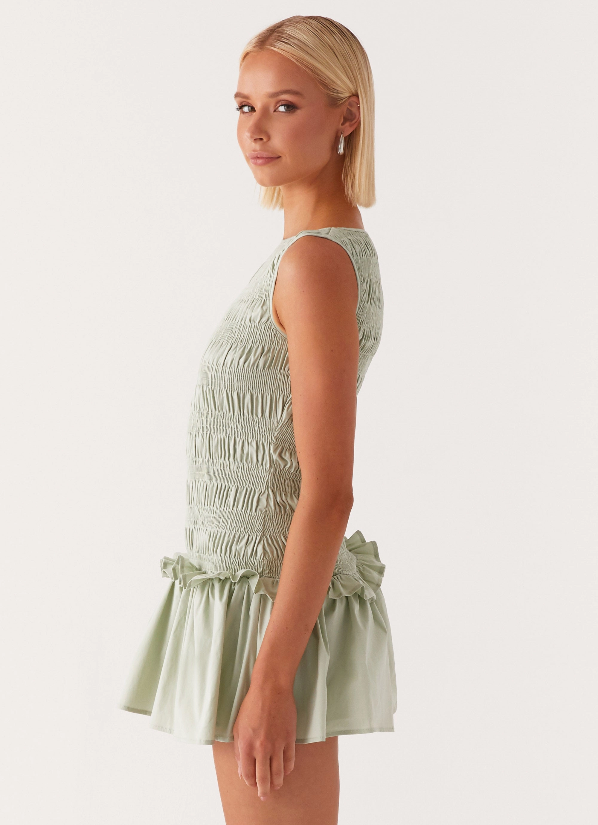 Garden Kisses Shirred Mini Dress - Sage Fall Comfort Minimal Design