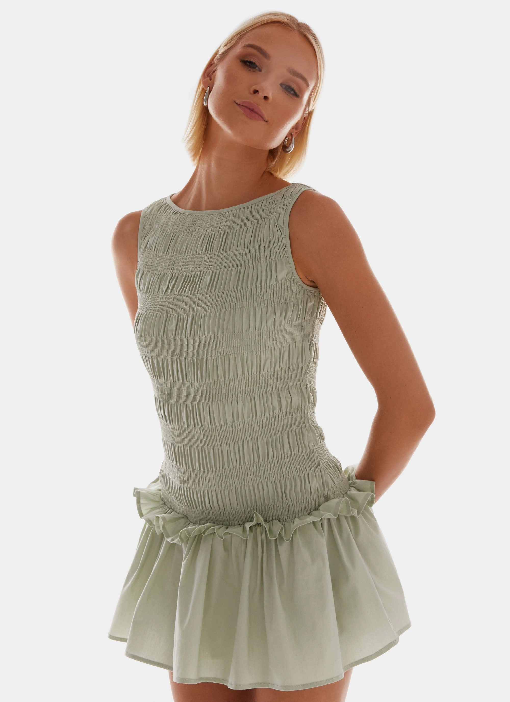 Everyday Outfit Power Soft Garden Kisses Shirred Mini Dress - Sage