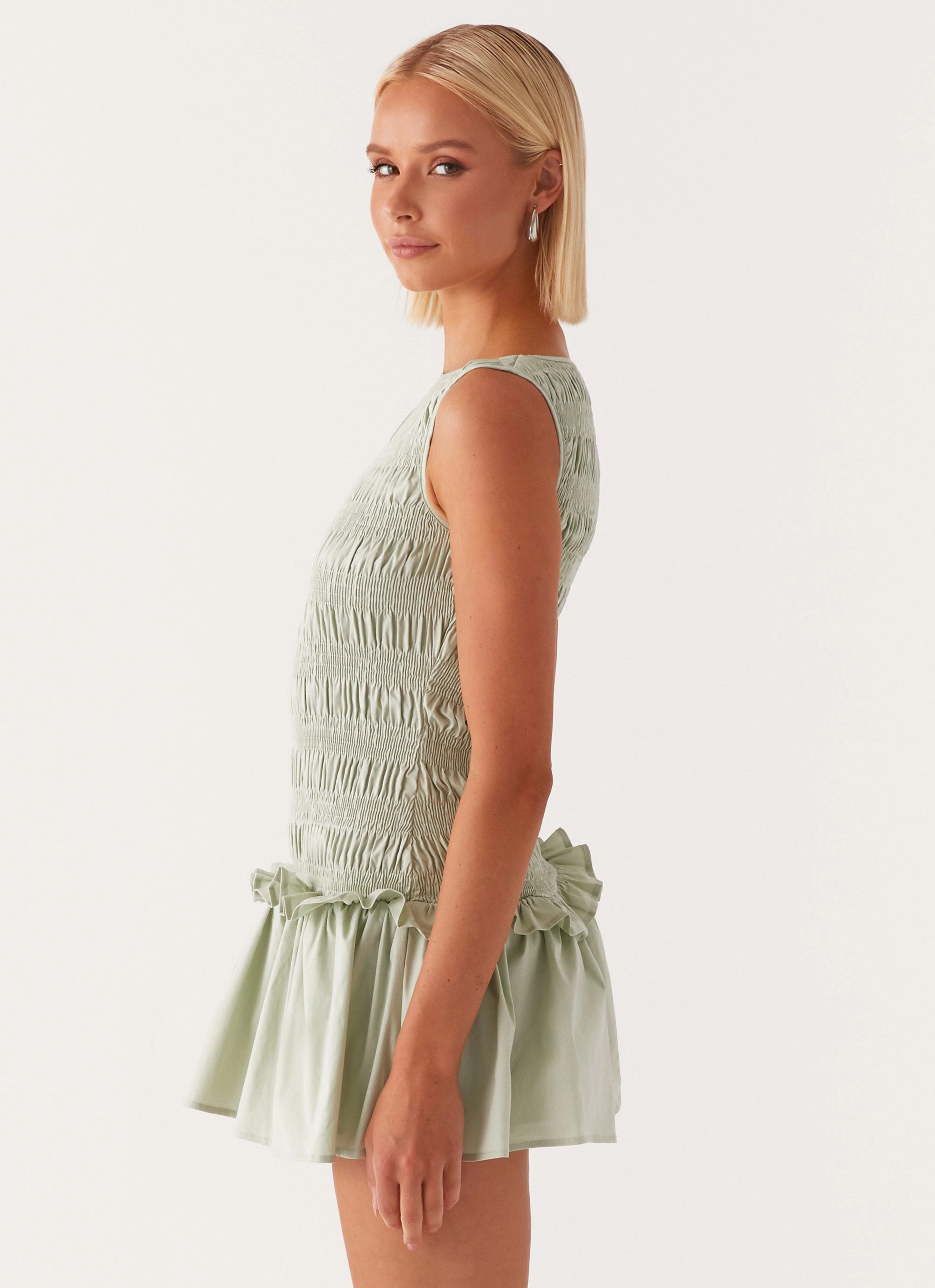 Garden Kisses Shirred Mini Dress - Sage Perfect Fit Look