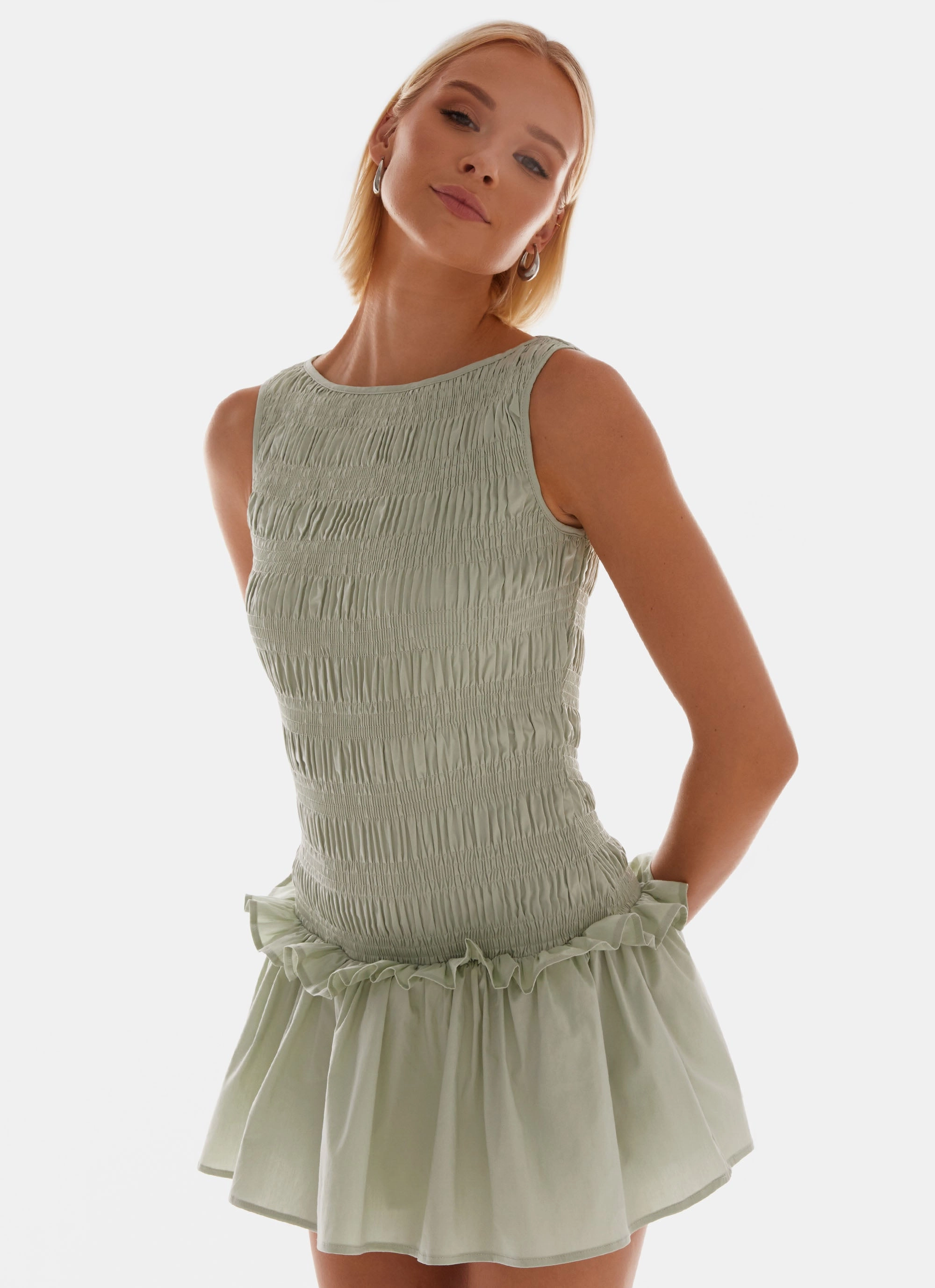 Trendy wrap gown Basic Cool Garden Kisses Shirred Mini Dress - Sage