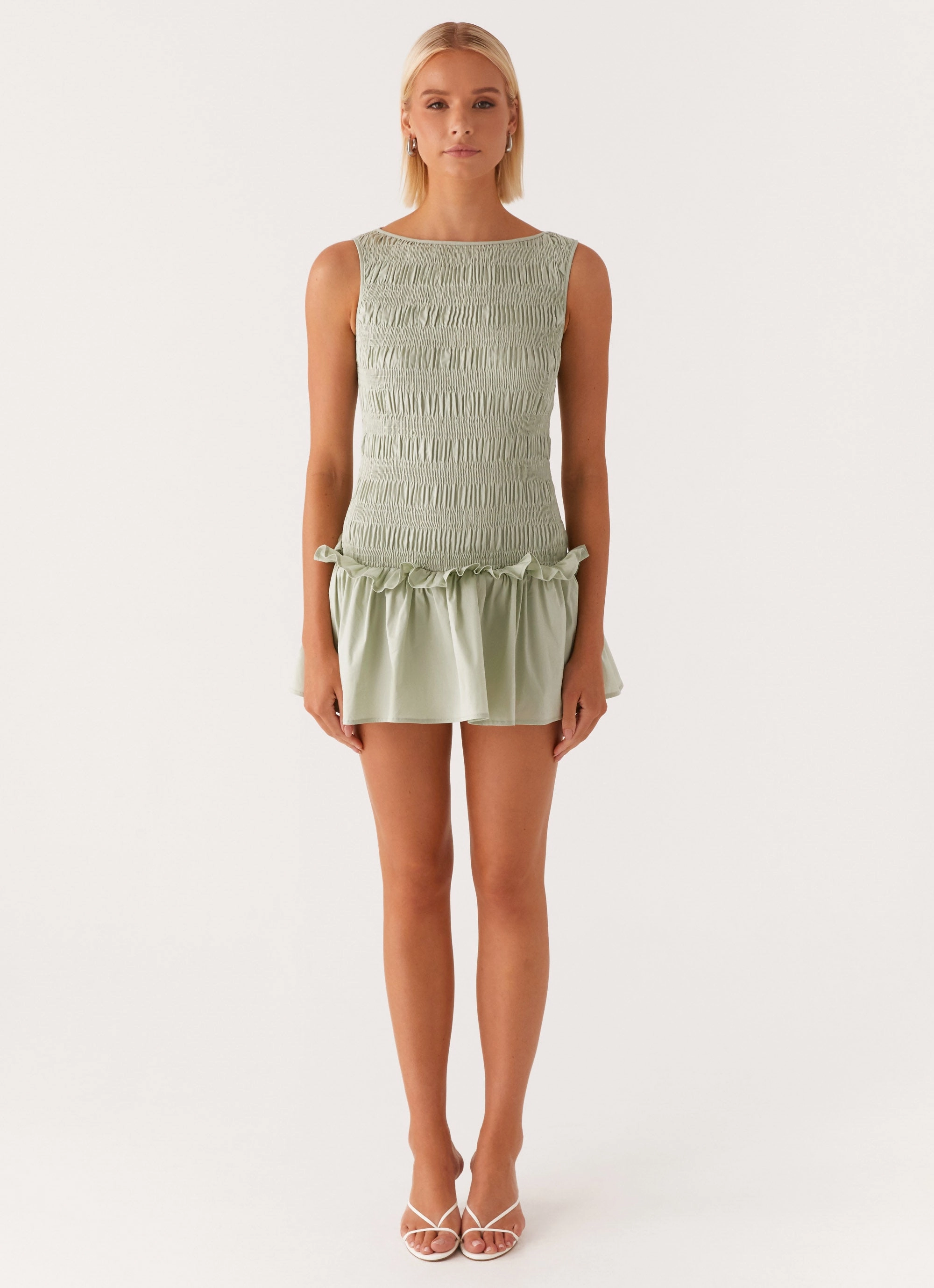 Relaxed outdoor dress Garden Kisses Shirred Mini Dress - Sage