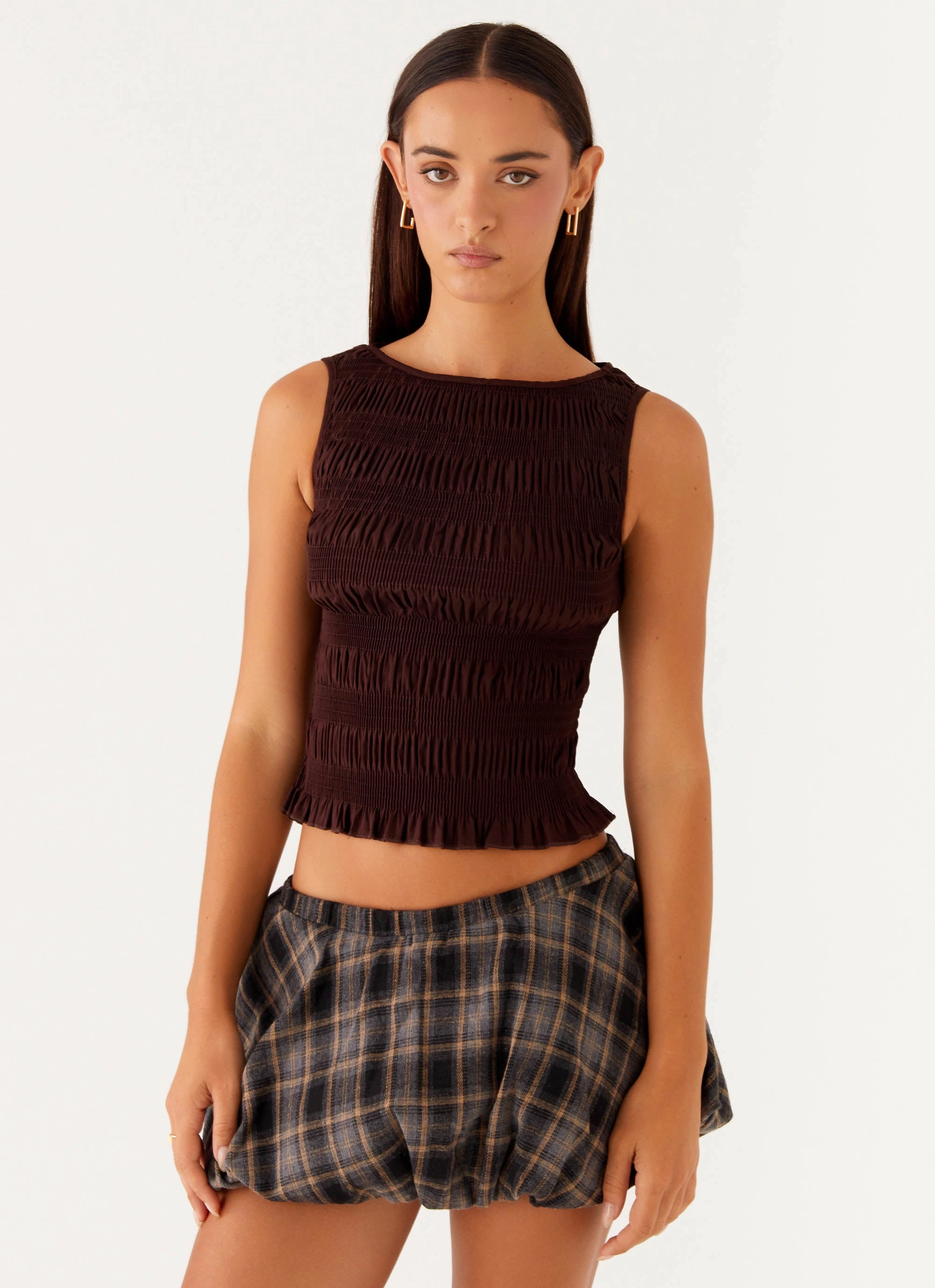 DoubleStitchedSeams Reinforced Seam Technique Garden Kisses Shirred Top - Brown