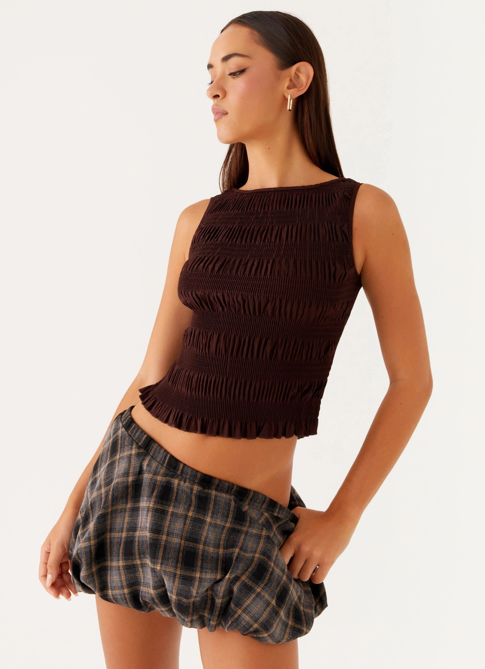 Loose cut Garden Kisses Shirred Top - Brown