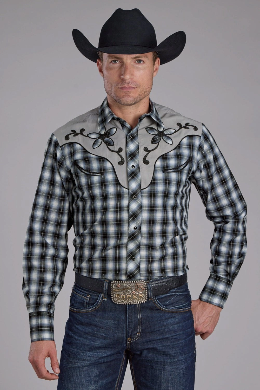 Roper Mens 2407 Fancy Floral Black Cotton Blend L/S Shirt Relaxed Comfort Functional Fashion