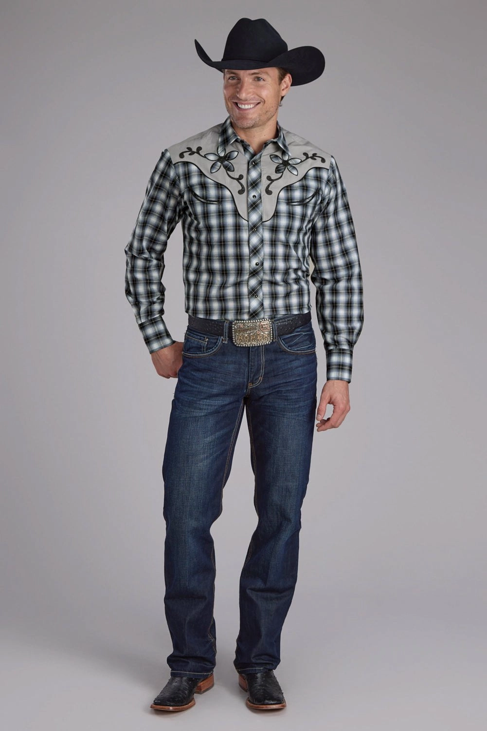 Trendsetting Roper Mens 2407 Fancy Floral Black Cotton Blend L/S Shirt