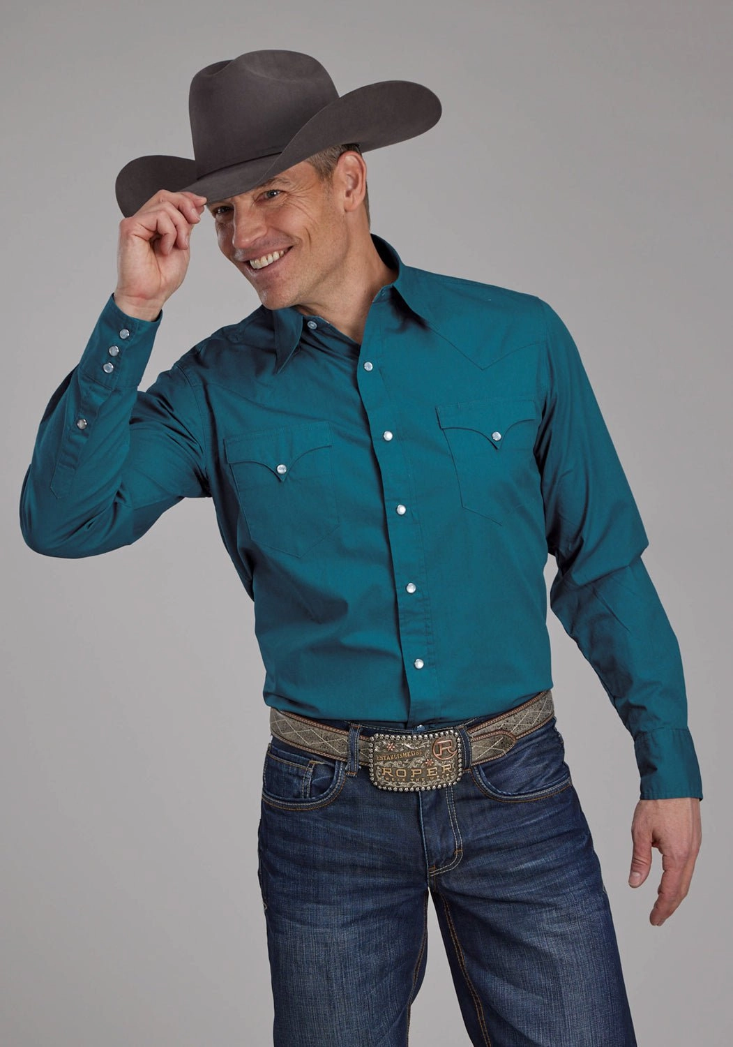 Metallic Finish Stretchable Material Roper Mens 2221 Poplin Teal 100% Cotton L/S Shirt