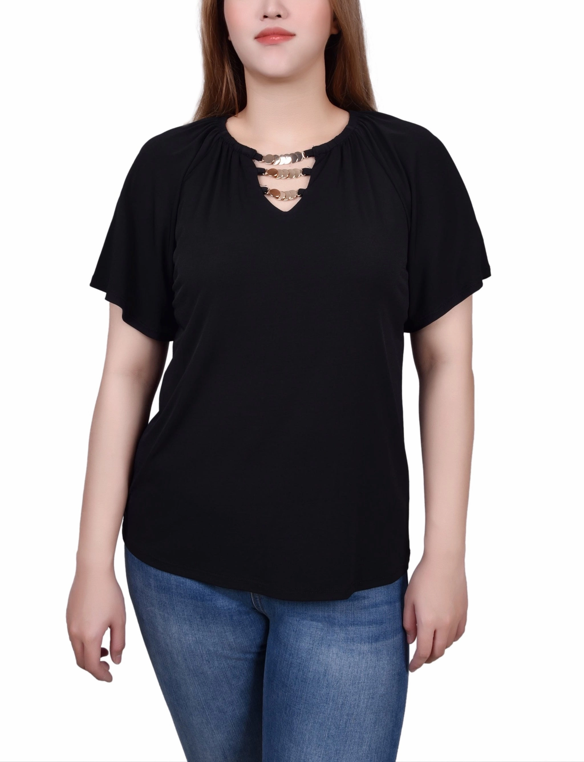 Easycare Petite Raglan Sleeve Top With Chain Details
