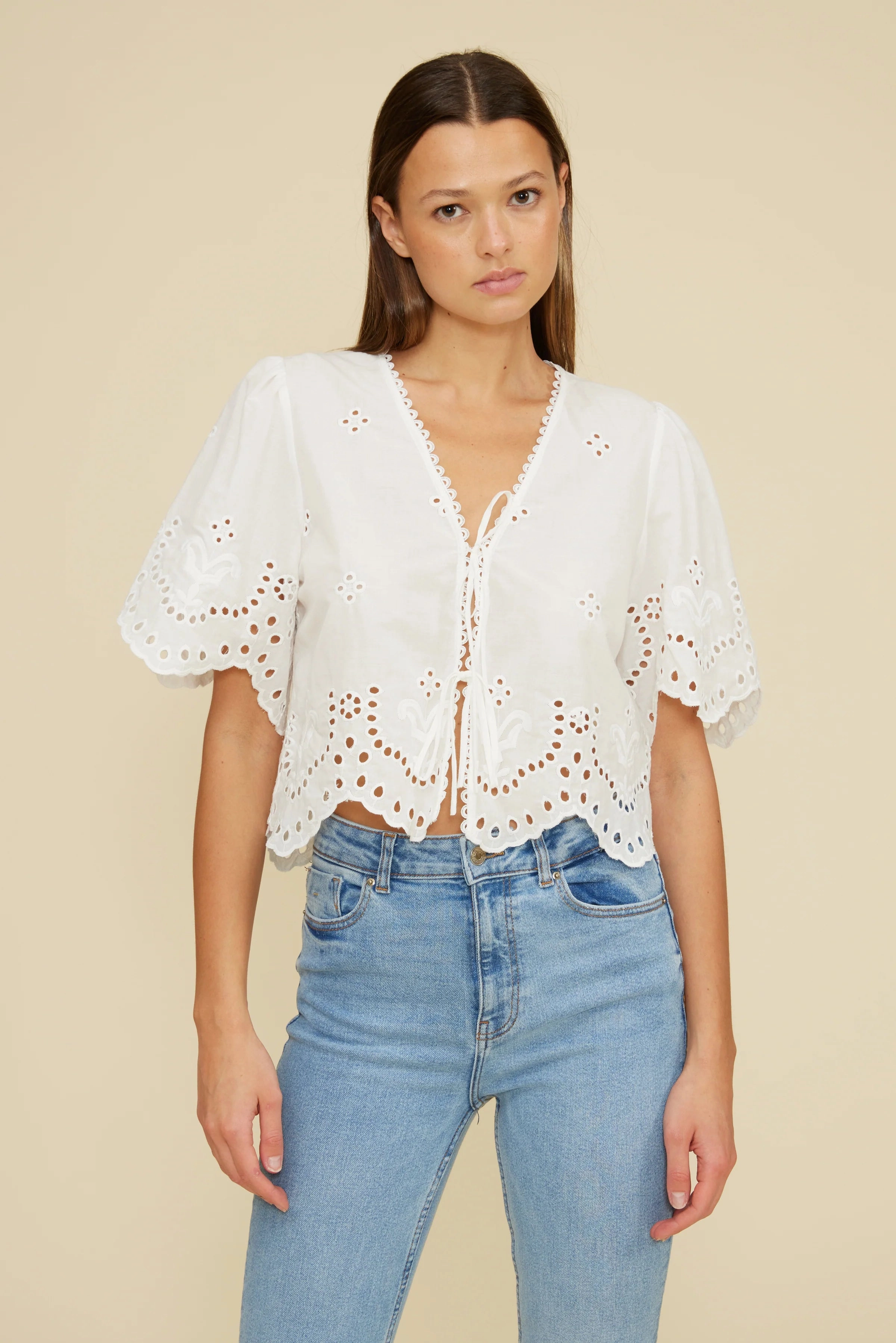 High Durability Material Anti Static Treatment Loray Eyelet Top - White