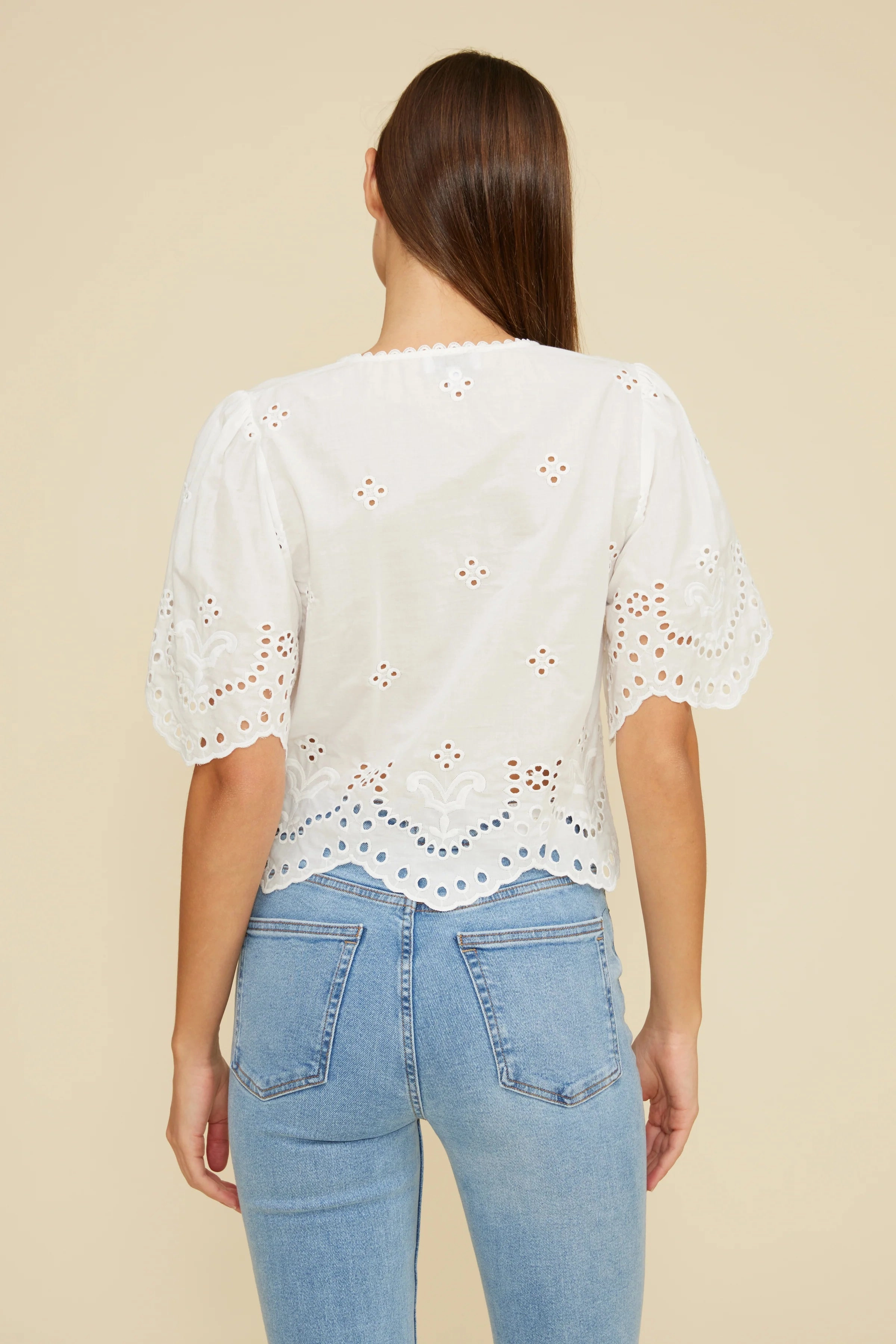 Fitted Design ReinforcedShoulderConstruction Loray Eyelet Top - White