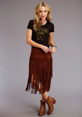 Stetson Womens Brown Leather Lamb Suede Fringe Skirt Collectors Item