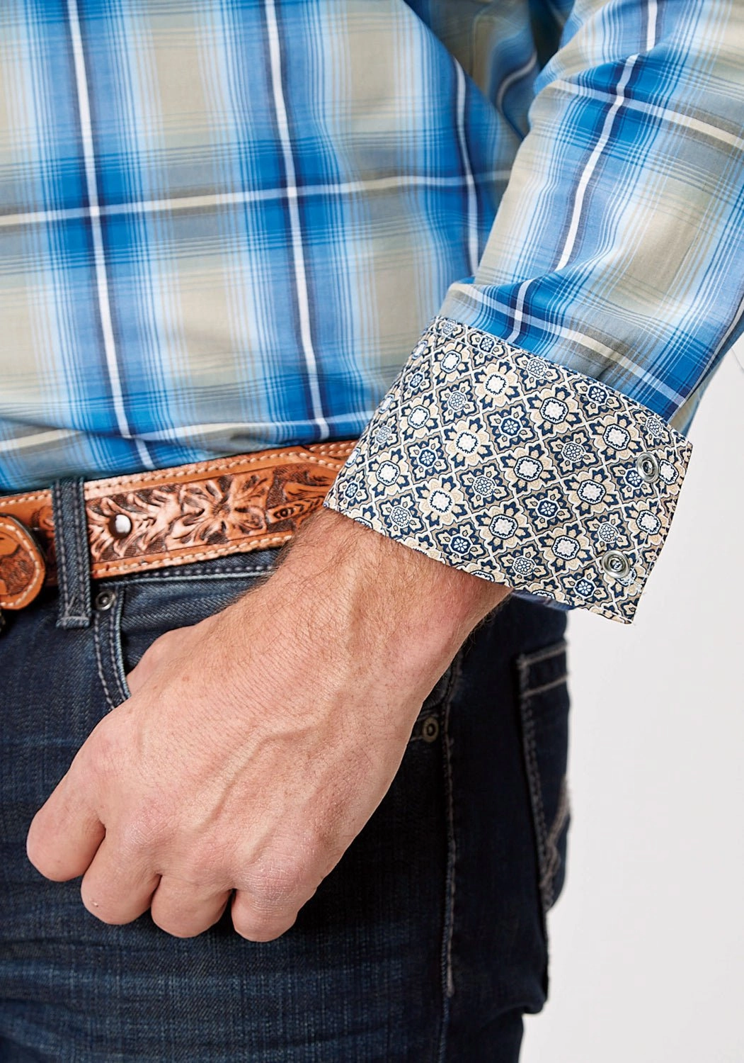 Roper Mens 1942 Chicory Ombre Blue 100% Cotton L/S Shirt Weekend Style Breathable Underarm Vents