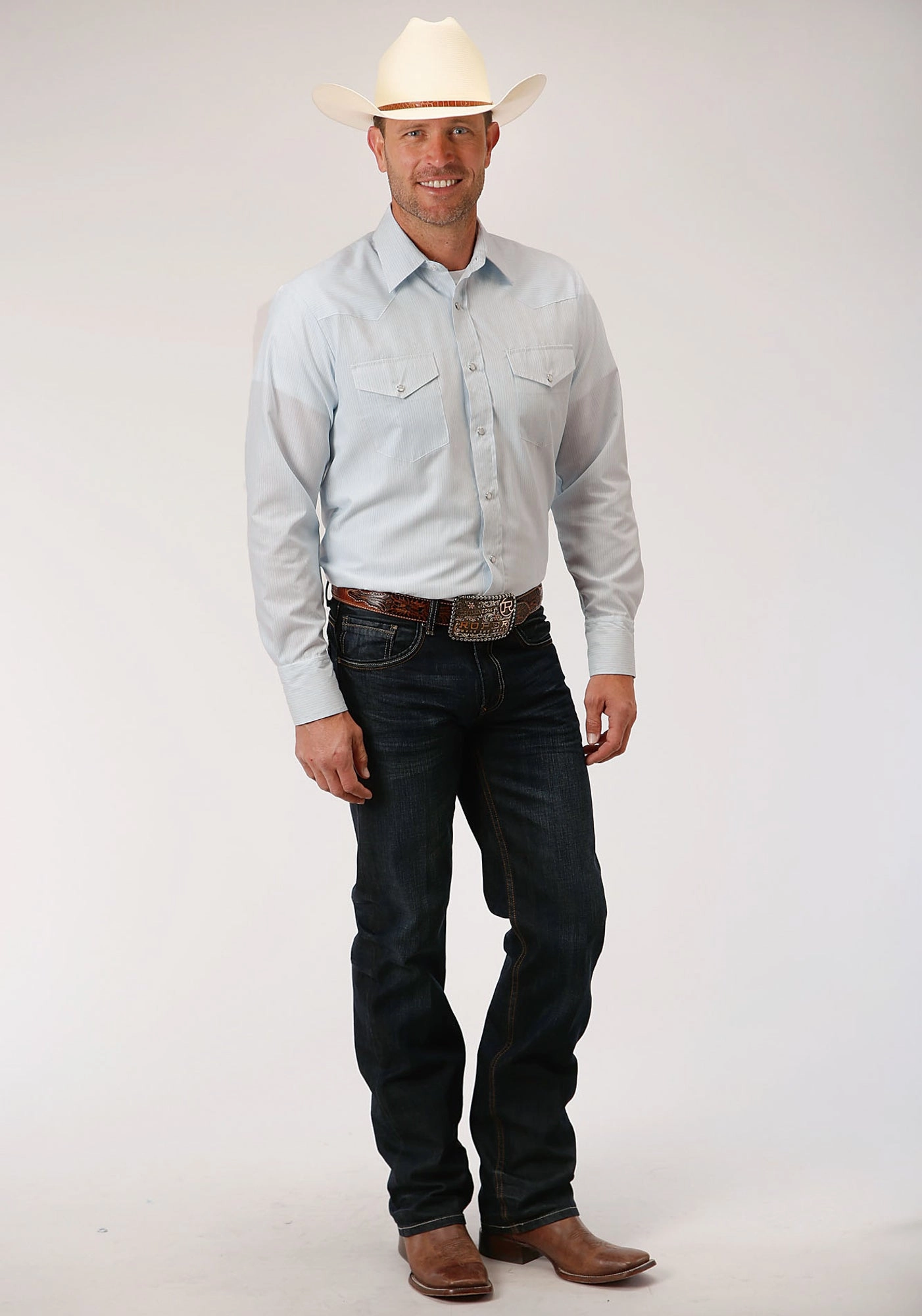 Roper Mens Blue/White Cotton Blend Tiny Stripe L/S Shirt Classic Appeal Picnic Outfit