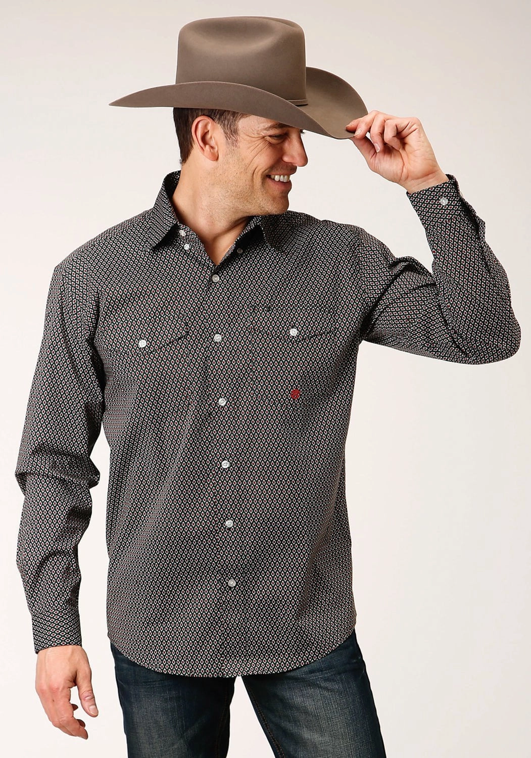 birthday party Checkered Style Roper Mens Olive Cotton Blend Diamond Neat BD L/S Btn Shirt