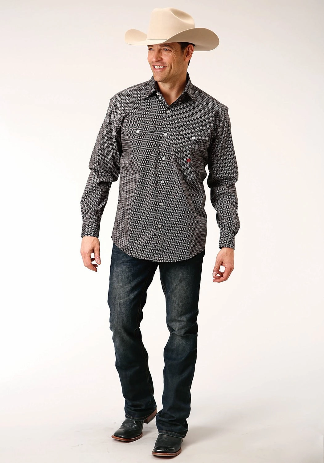 Checkered Print Roper Mens Olive Cotton Blend Diamond Neat BD L/S Btn Shirt